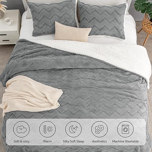 Miniatura 6 de BEDELITE Juego de edredón mullido tamaño Queen, edredón gris sherpa súper suave para cama tamaño Queen, juego de ropa de cama cálido de lujo para