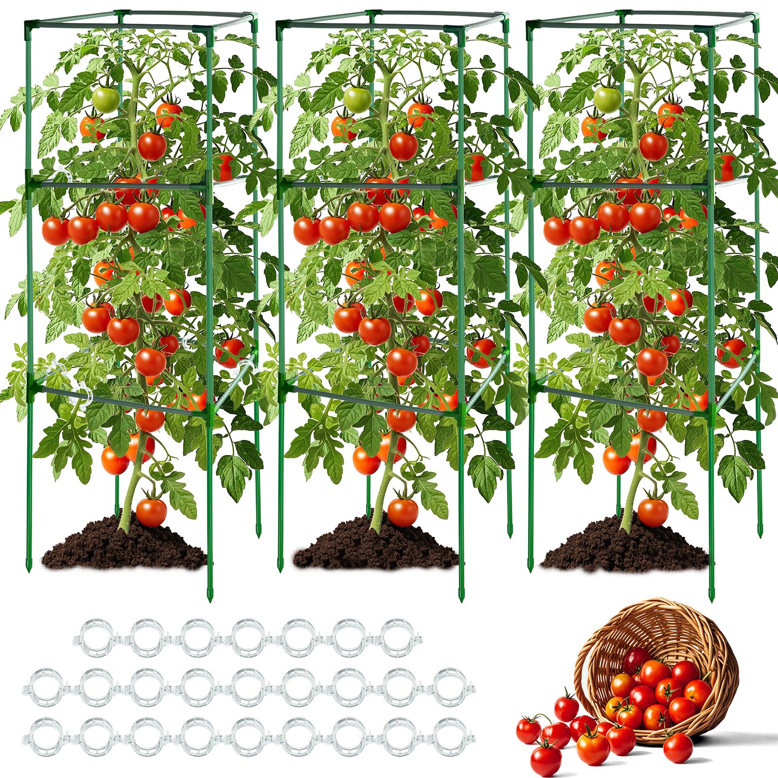 3 Pack 47x15.7x15.7Inches Square Tomato Cages for Garden,Heavy Duty Steel Tomato Trellis for Garden,Cherry Tomato Cage with 25 Clips,Durable Tomato Plant Support for Cucumbers and Climbing Vegetables