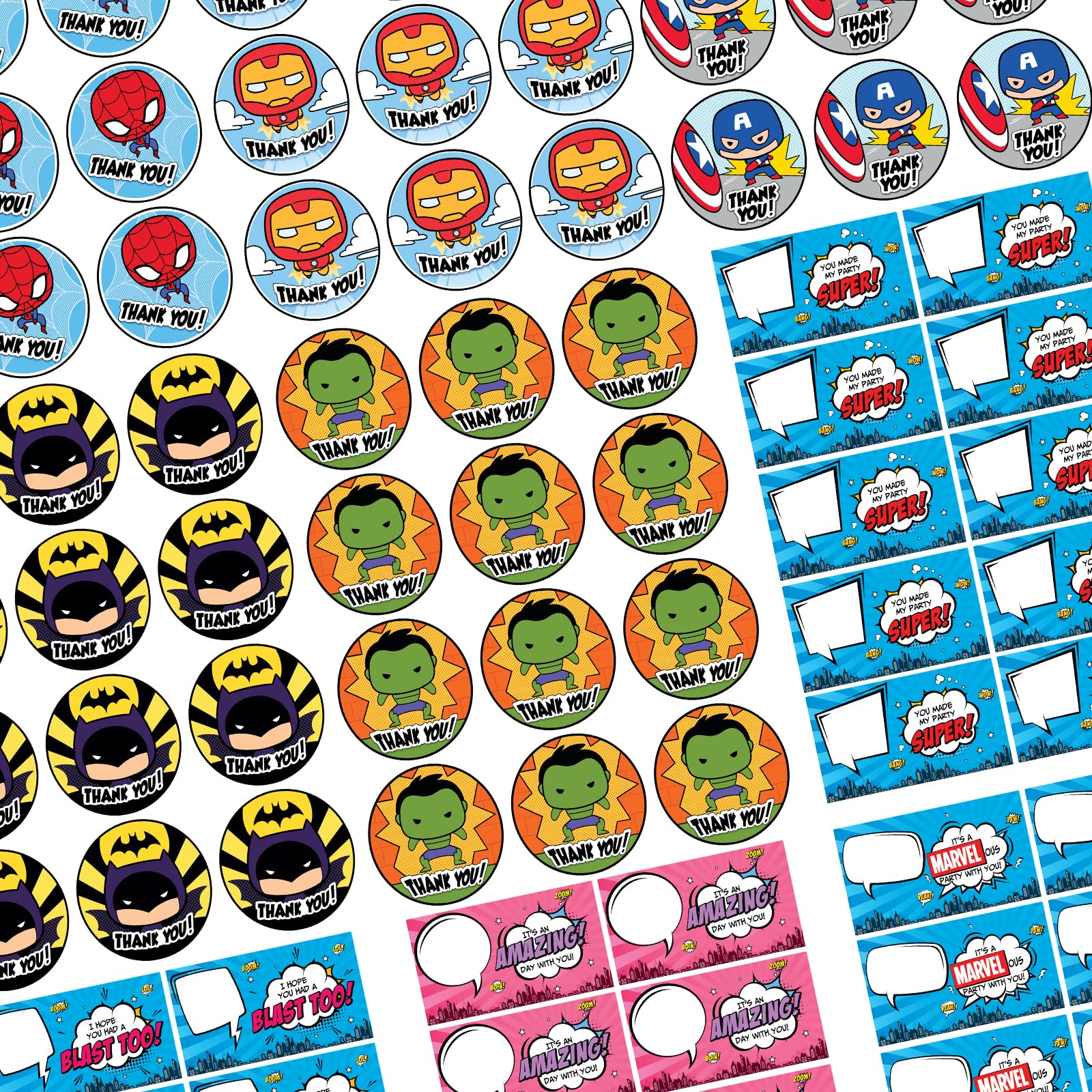 Amazon.com: Thank You Superhero Stickers for Birthday Party Kids - 110 PC  Large Super Hero Comic Book Heroes Fun Themed Round Circle Logo Name  Sticker Rolls Label for Favor Gift Bag Supplies
