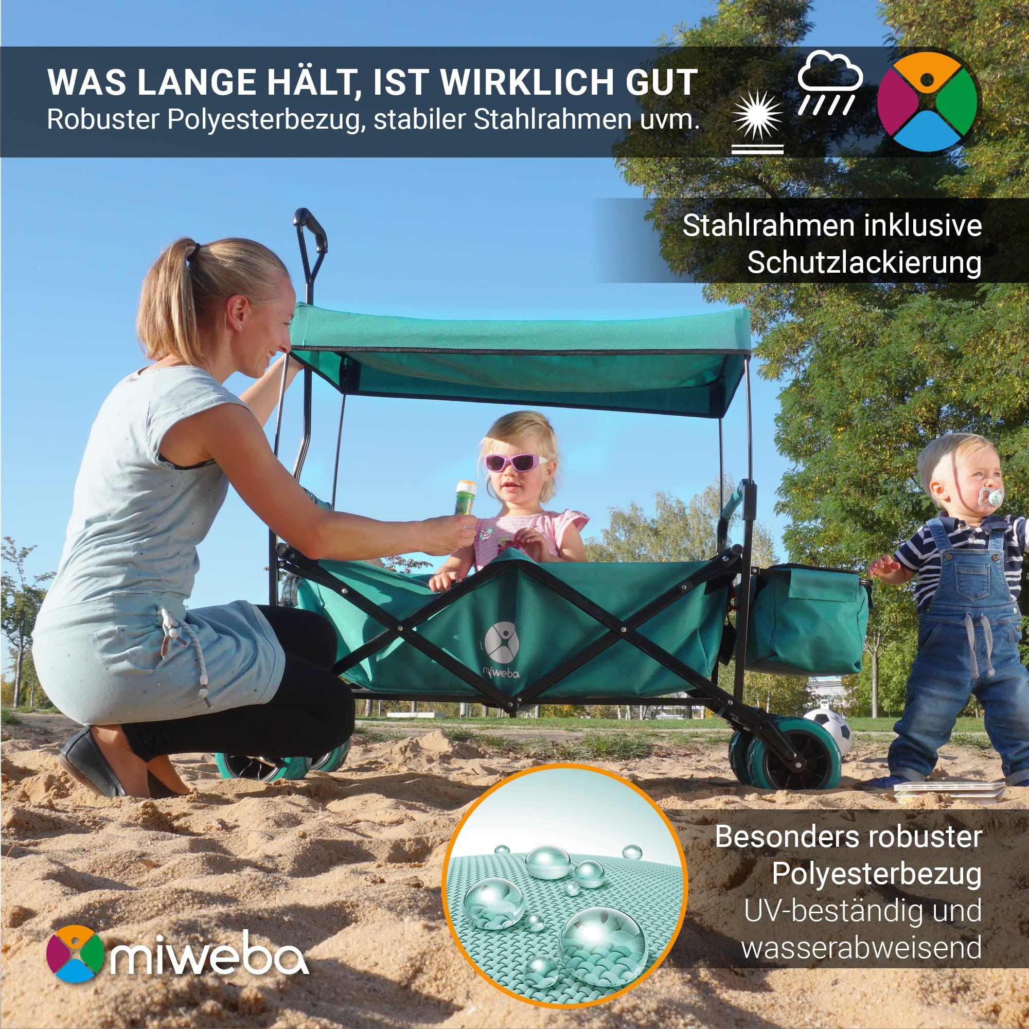 Miweba Bollerwagen faltbar MB-10 | Traglast 100 kg - Kinderwagen mit Dach - Handwagen faltbar - Transportwagen für Kinder - Wagen klappbar - Strandwagen - Gartenwagen - Faltwagen (Hellgrau/Dunkelgrau)