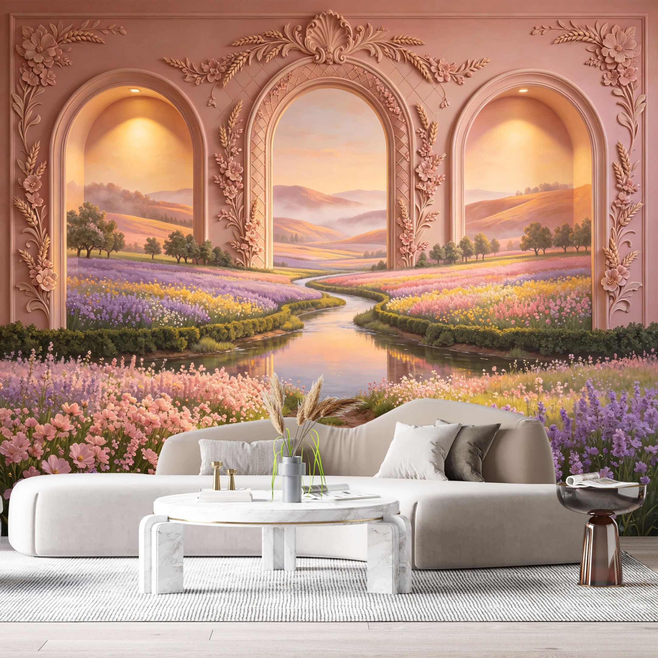Custom Size Wall Murals Neoclassical Archway Lavender Field Landscape 3D Trompe L'Oeil SelfAdhesiveWall Fabric Removable Wallpaper Wall Decor for Living Room Bedroom Bathroom