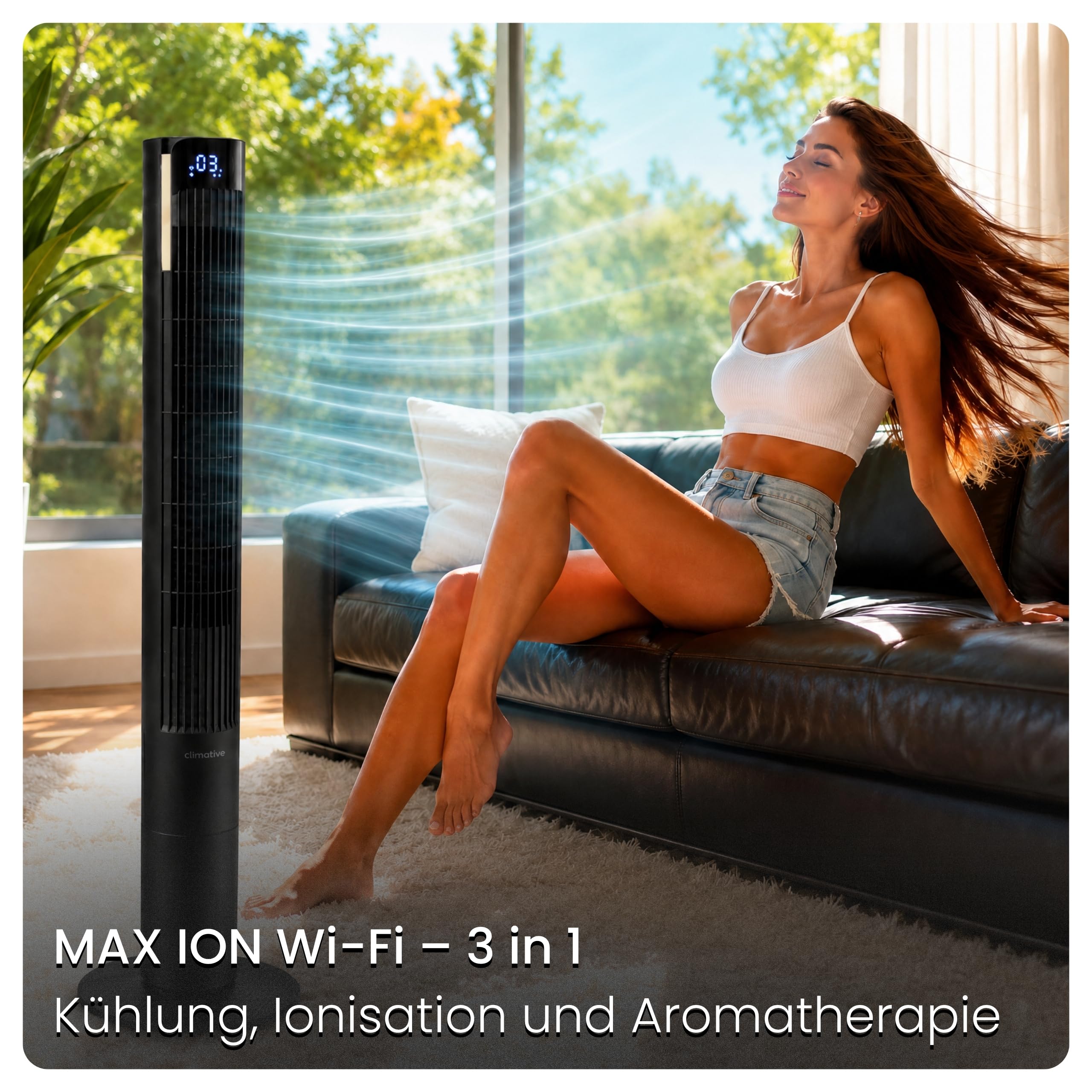 Turmventilator 115cm WiFi Tuya MAX, Ionisator, Orkanartiger 8,5m/s Wind, Nachtlicht, Oszillation, Timer, LED Display, Design Standventilator, Tower Fan, Ventilator leise Schwarz