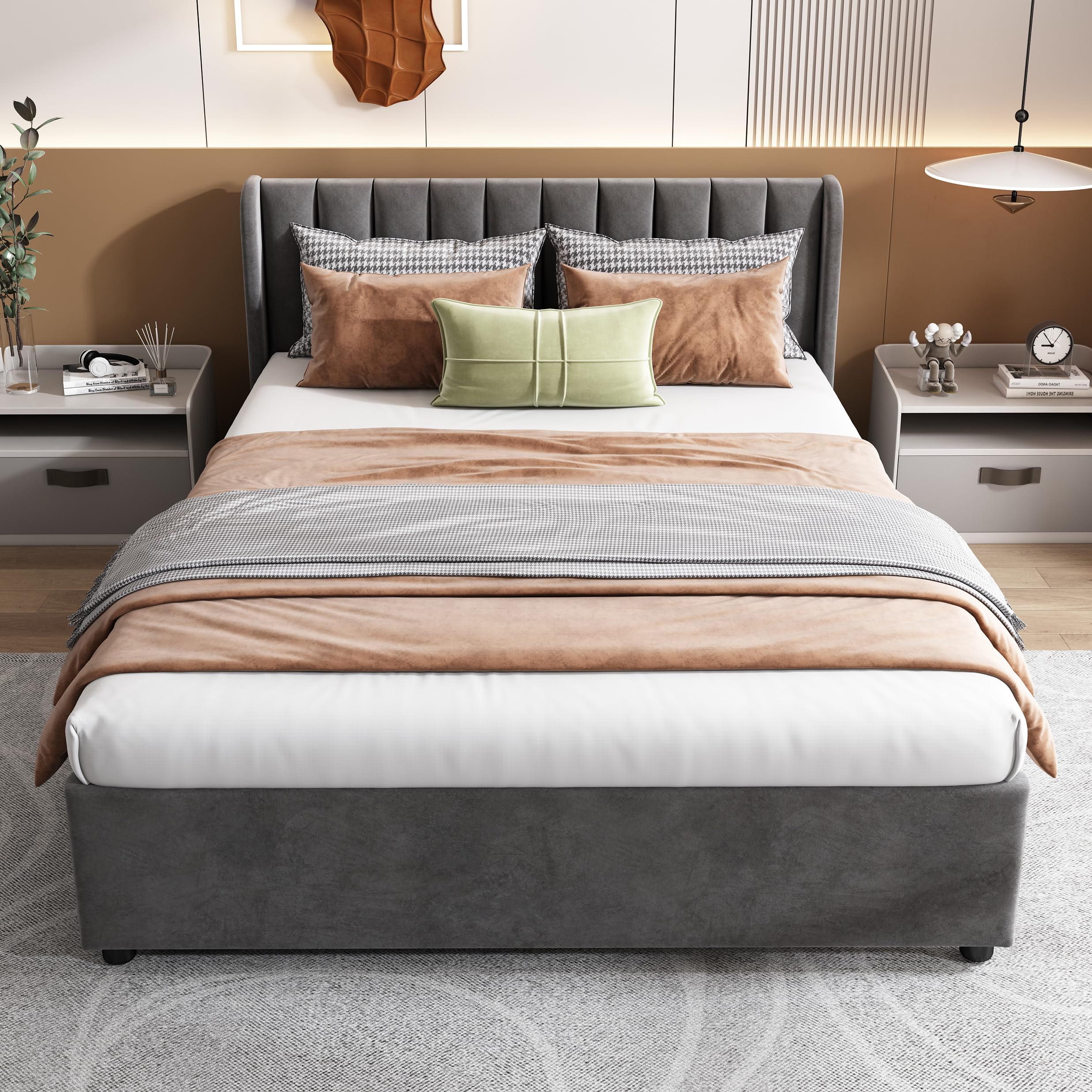 Cama de 180 x 200 con somier y 2 cajones, cama tapizada de 180 x 200 cm con espacio de almacenamiento, cama doble de terciopelo con somier de láminas, cama para adultos, gris