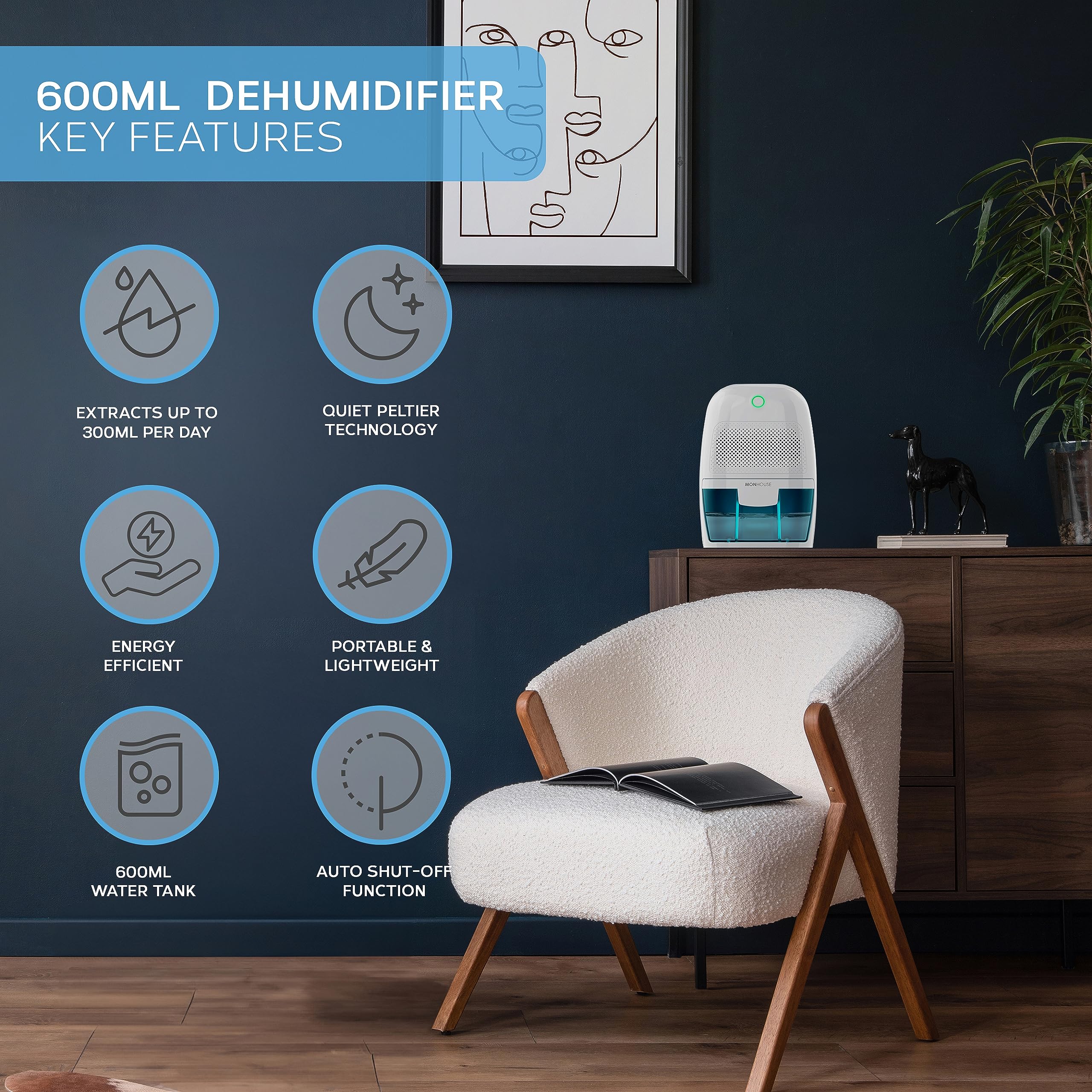 MONHOUSE Mini deumidificatore portatile, compatto e silenzioso, 600 ml, assorbe l'umidità per casa, camera da letto, auto, ufficio, garage, roulotte e cantina, rimuove la muffa elettrico, bianco/blu