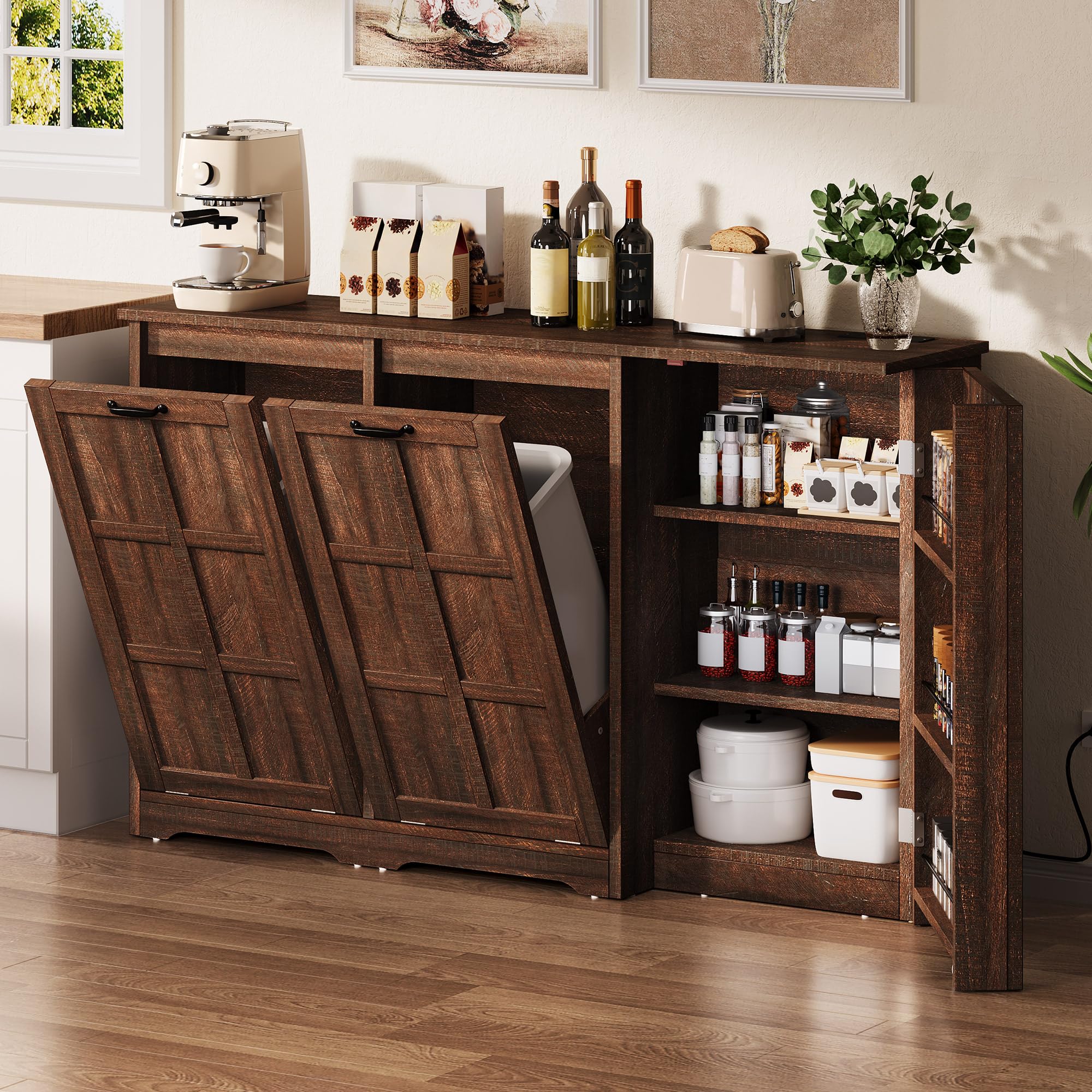 Photo 1 of YITAHOME Farmhouse Kitchen Island with Power Outlet, Kitchen Storage Island with 2 Tilt-Out Compartments for 13 Gallon Trash Bins, Adjustable Shelf (CARTON 1 OF 2