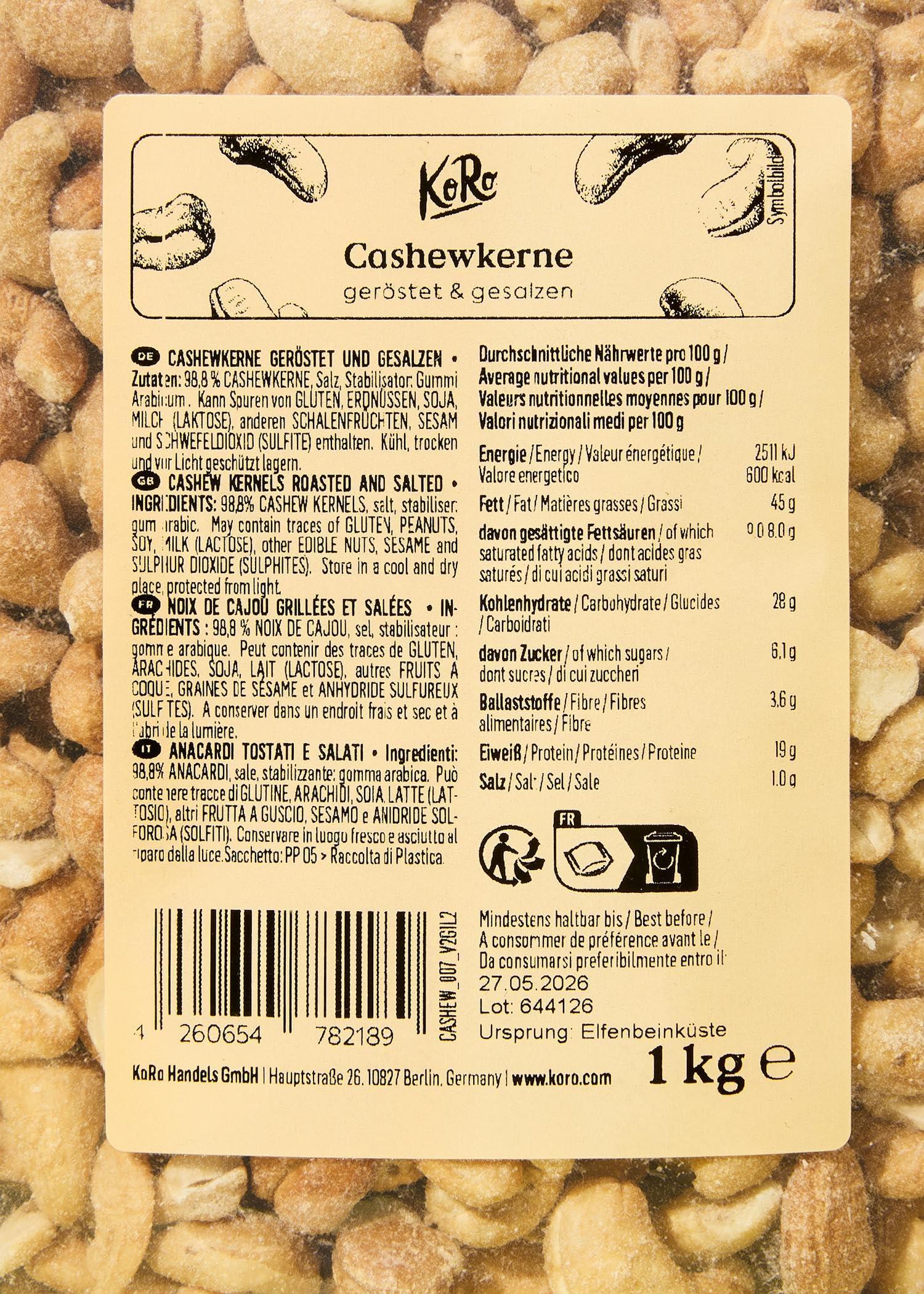 KoRo - Anacardi tostati e salati - 1 kg - croccanti - saporiti e aromatici - come topping o come snack