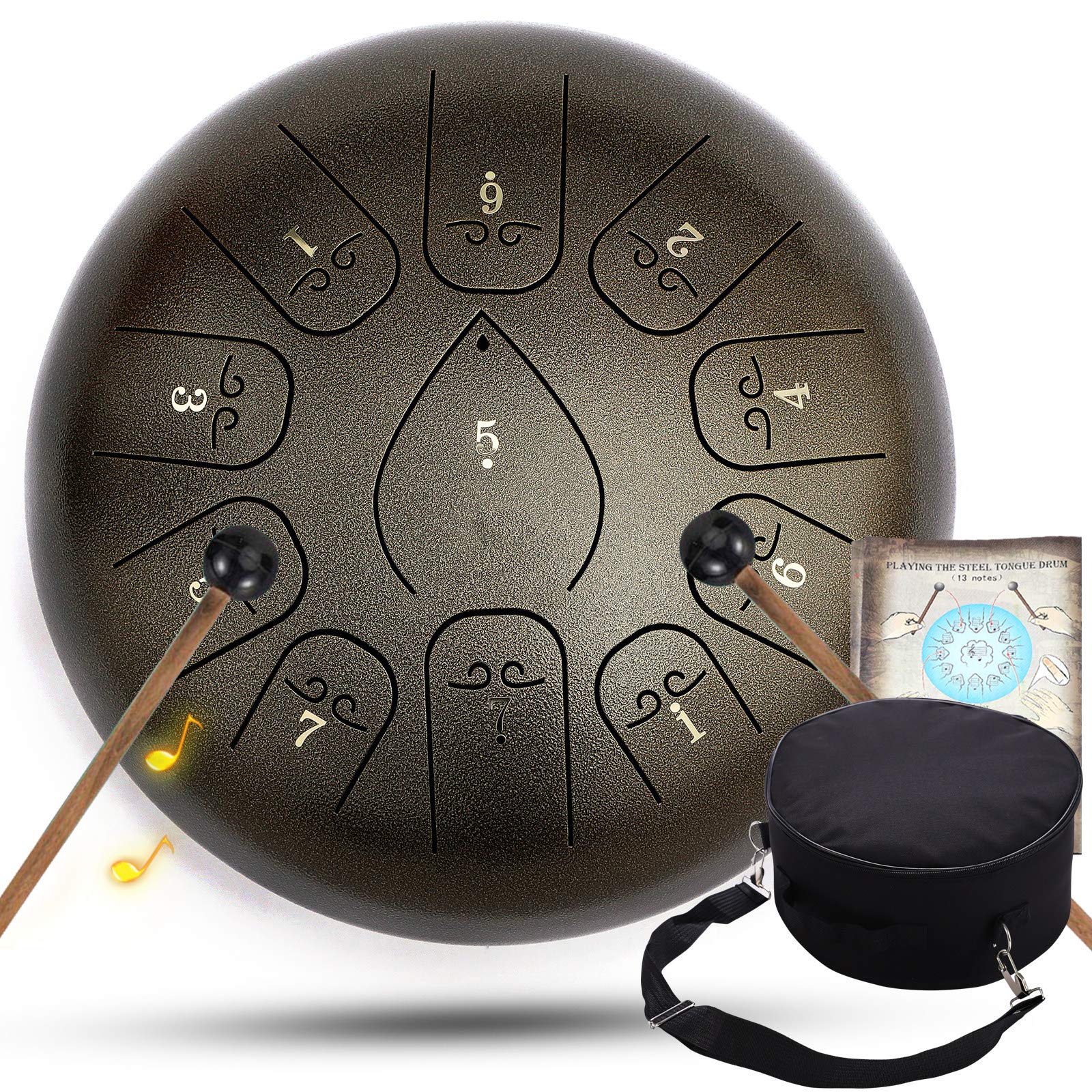 Stalowy bęben dla dzieci Dorośli, 11 nut, 12-calowy bęben Handpan z torbą podróżną Music Book Mallets, instrument perkusyjny do koncertu Mind Healing Yoga, brązowy