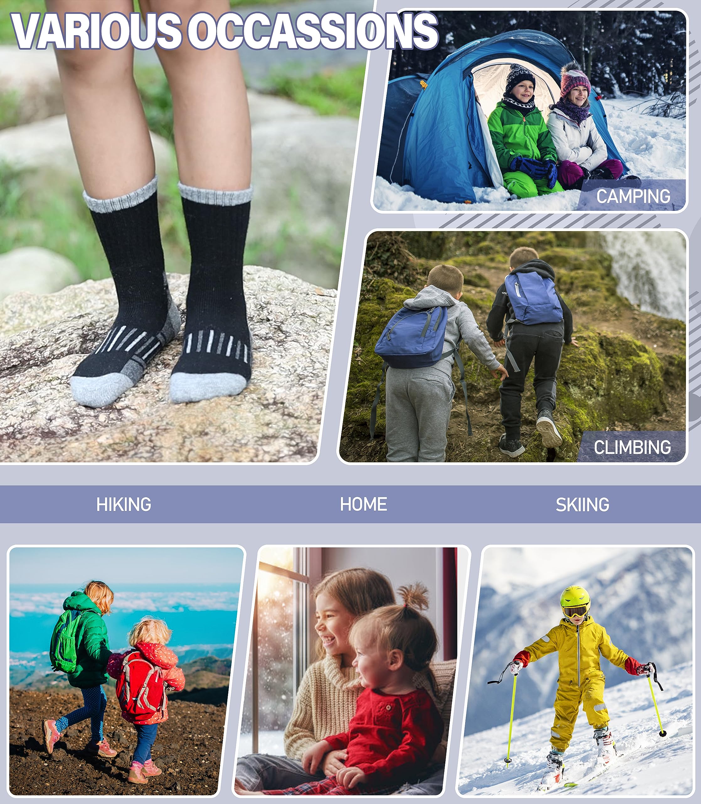 Calcetines de senderismo de lana merino para niños y niñas, calcetines cálidos de invierno con almohadilla térmica gruesa, regalo de 6 pares