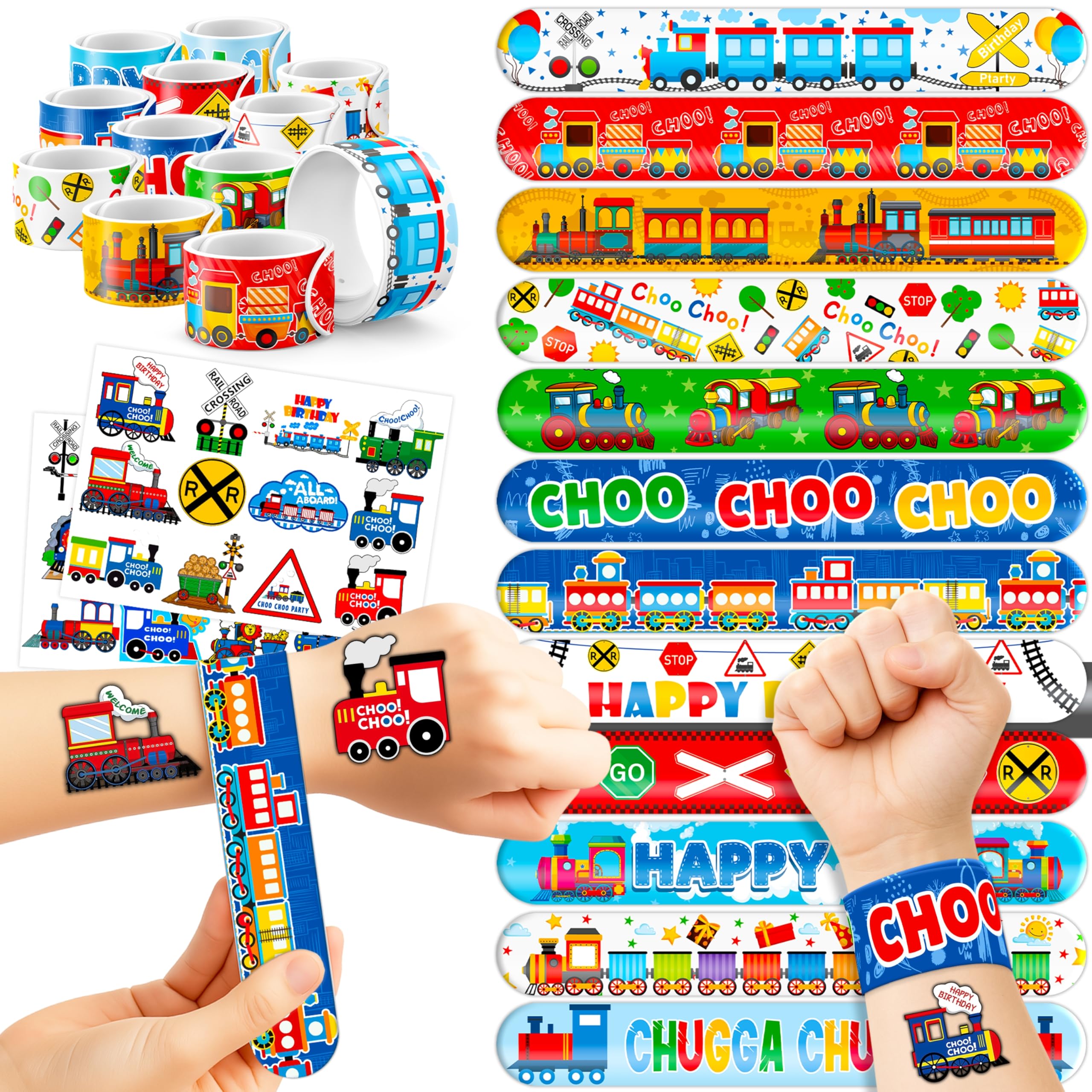 48PCS Train Party Favors - 24PCS Tattoos & 24PCS Slap Bracelets - Train-Themed Birthday Supplies, Decorations, Classroom Prizes, Carnival Rewards,