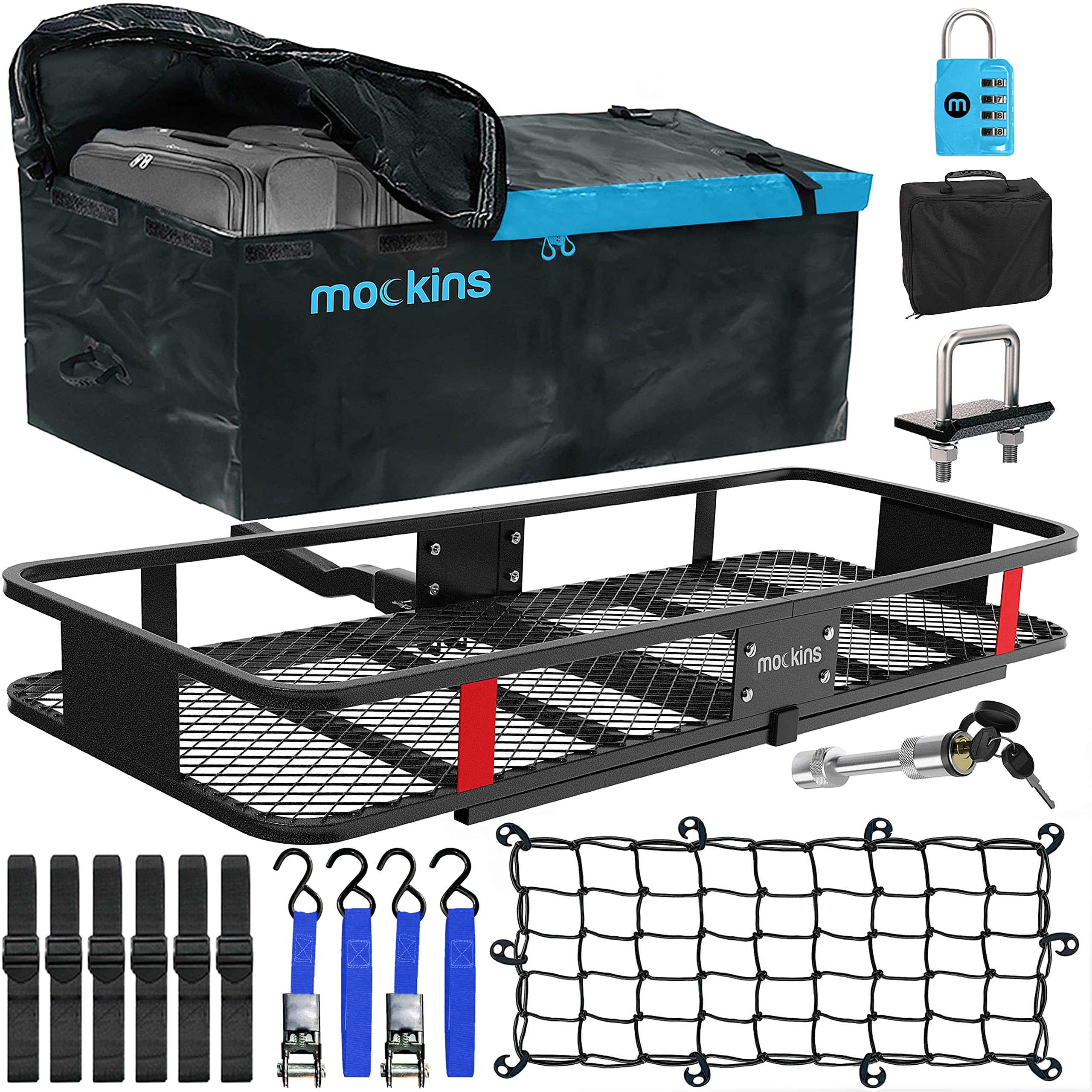mockins 60x20x6 folding cargo carrier hitch mount with 16cu waterproof cargo hitch bag &net| 500lb cap. trailer hitch cargo carrier | cargo hitch carrier tow hitch cargo carrier vehicle cargo carriers