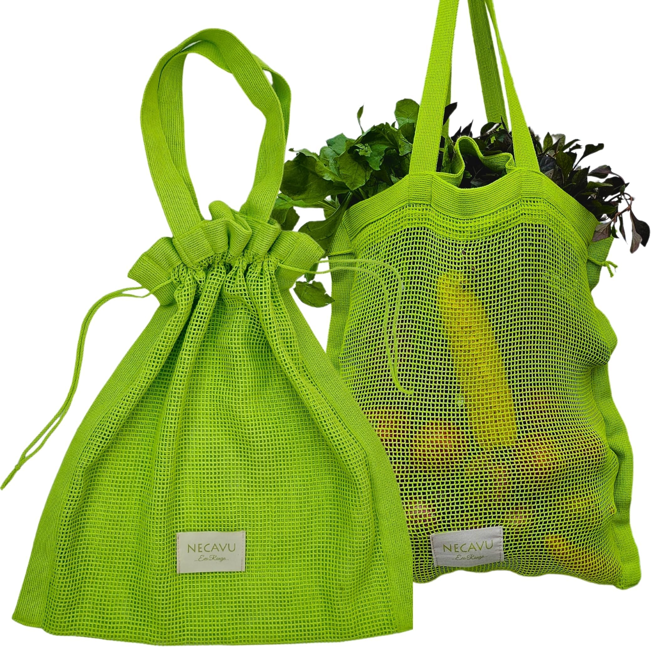 NECAVU 100% Cotton Set Of 2 Mesh Grocery Bag | Eco-Friendly Cotton Market Bags For Vegetable Shopping | Multi-Purpose Portable Cotton Market Bags with Reinforced Edges (Kiwi Green)