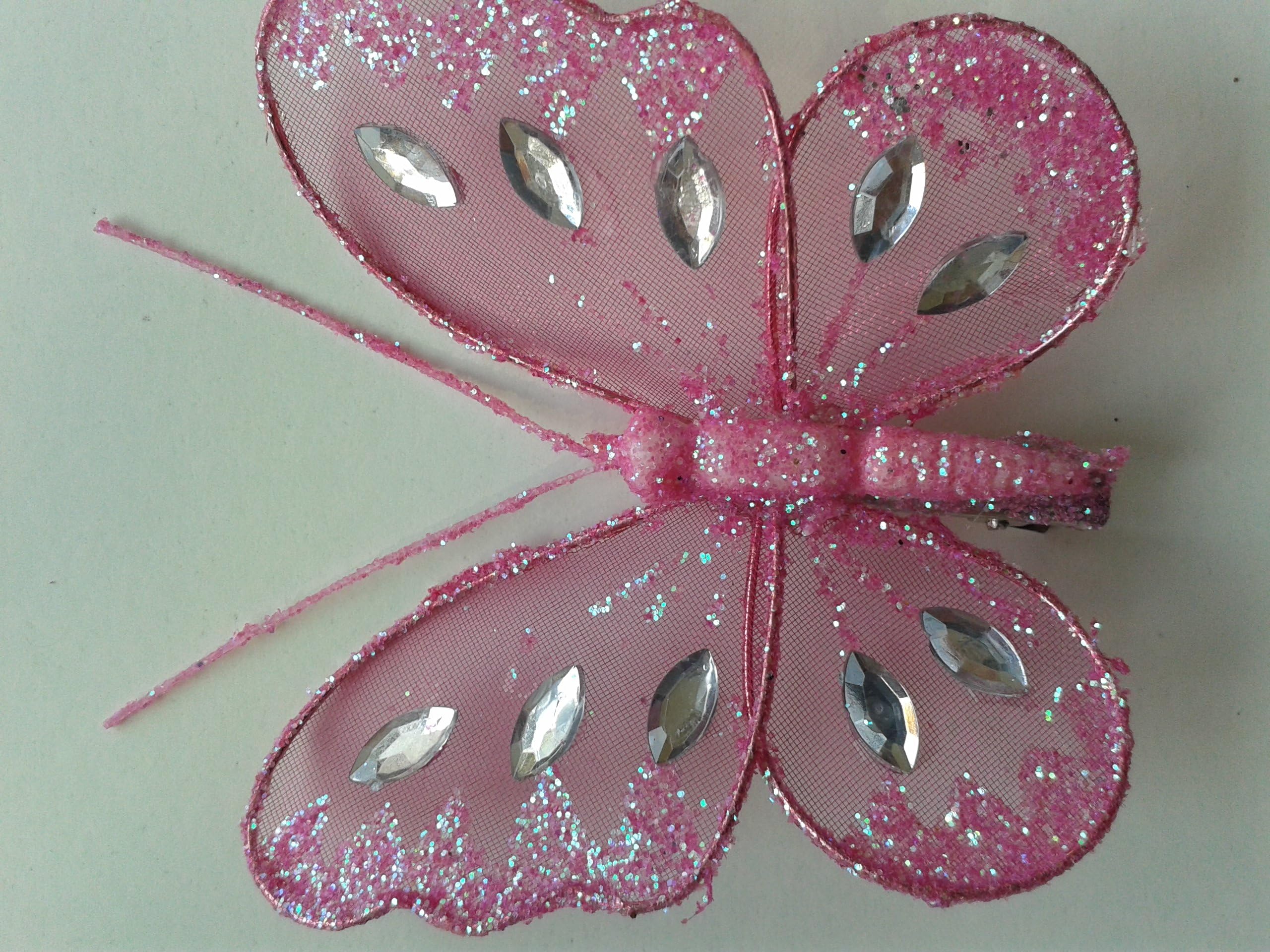 Pink Butterfly With Clip And Glitter Diamante Detail - Great Decoration Or Gift