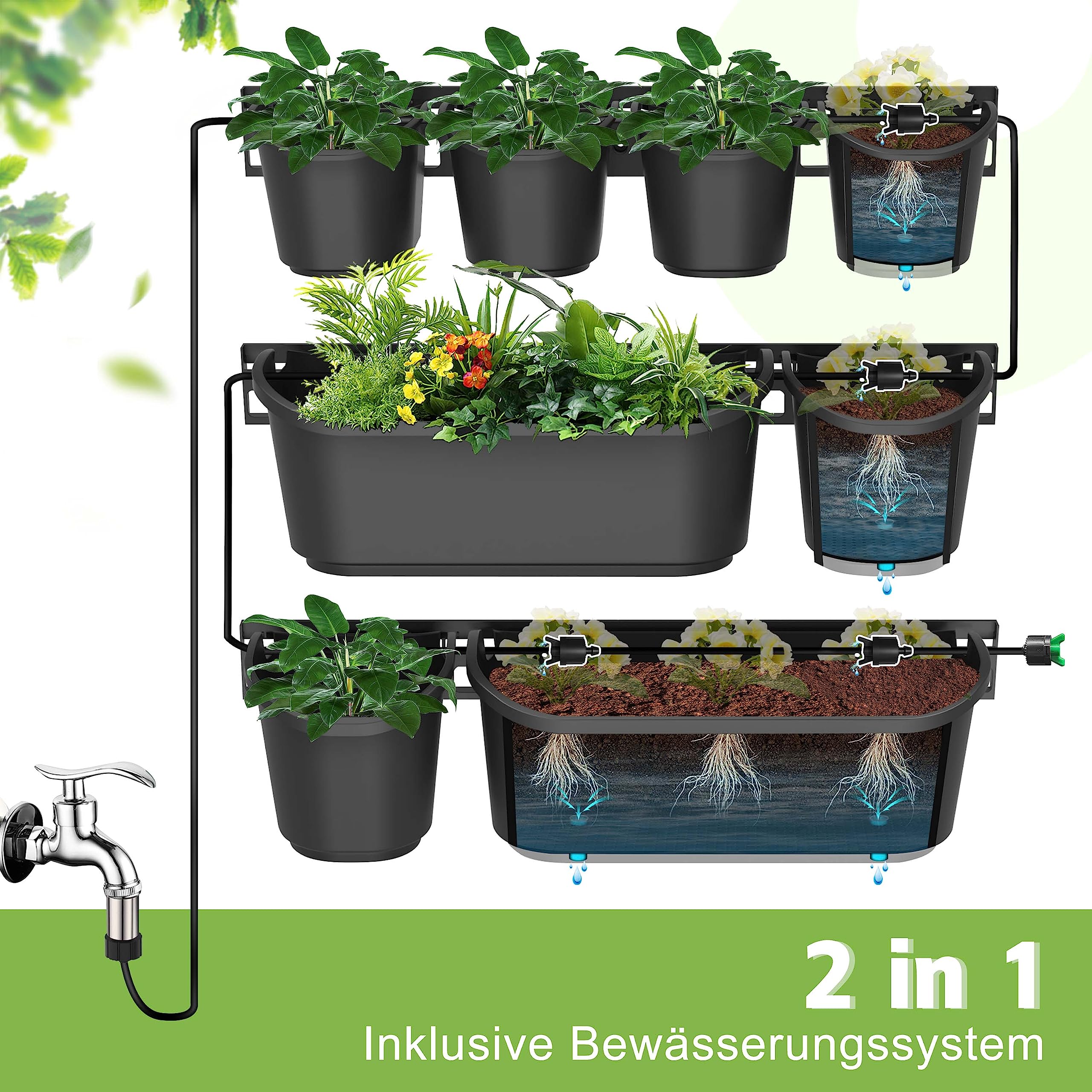 Ribelli 11-TLG Hängende Vertikaler Garten mit Bewässerungssystem, Blumentopf zur Wandmontage mit Entwässerungsloch, Pflanzenwand Wandgarten zur Begrünung, Wandbepflanzung, Garten Balkon 500751
