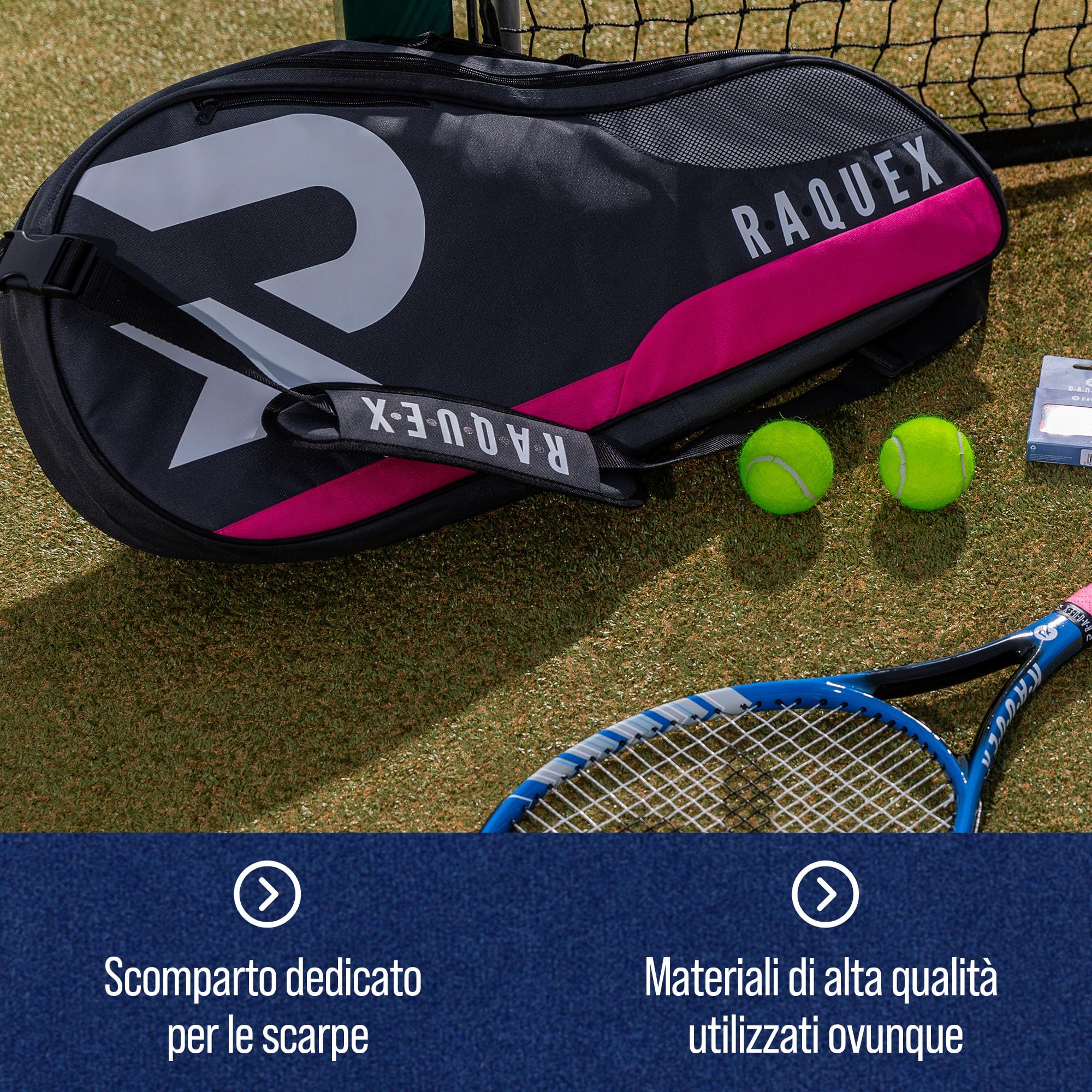 Raquex Borsa da Tennis – Borsa Racchette per Tennis, Badminton e Squash. Blu, Nero o Magenta. Borsa da Badminton, può contenere fino a 6 racchette + accessori + scarpe da ginnastica