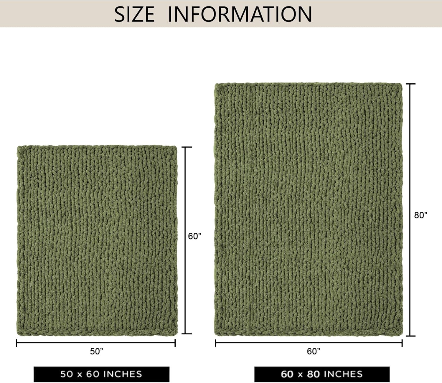 Chunky Knit Throw Blanket 50X 60, 100% Handmade with Soft Chenille Yarn, 4.4lbs Thick Cable Knitted Blankets, Large Rope Knot Crochet Throws for Couch Sofa Bed Home Decor, Olive Green