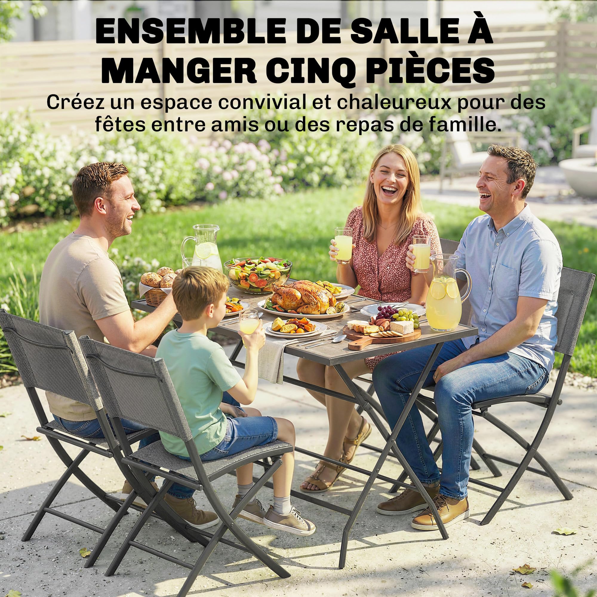 Outsunny Ensemble de Salle à Manger de Jardin 5 Pièces, Table et Chaises Pliantes, Mobilier d'Extérieur avec Sièges en Textilène, Gris