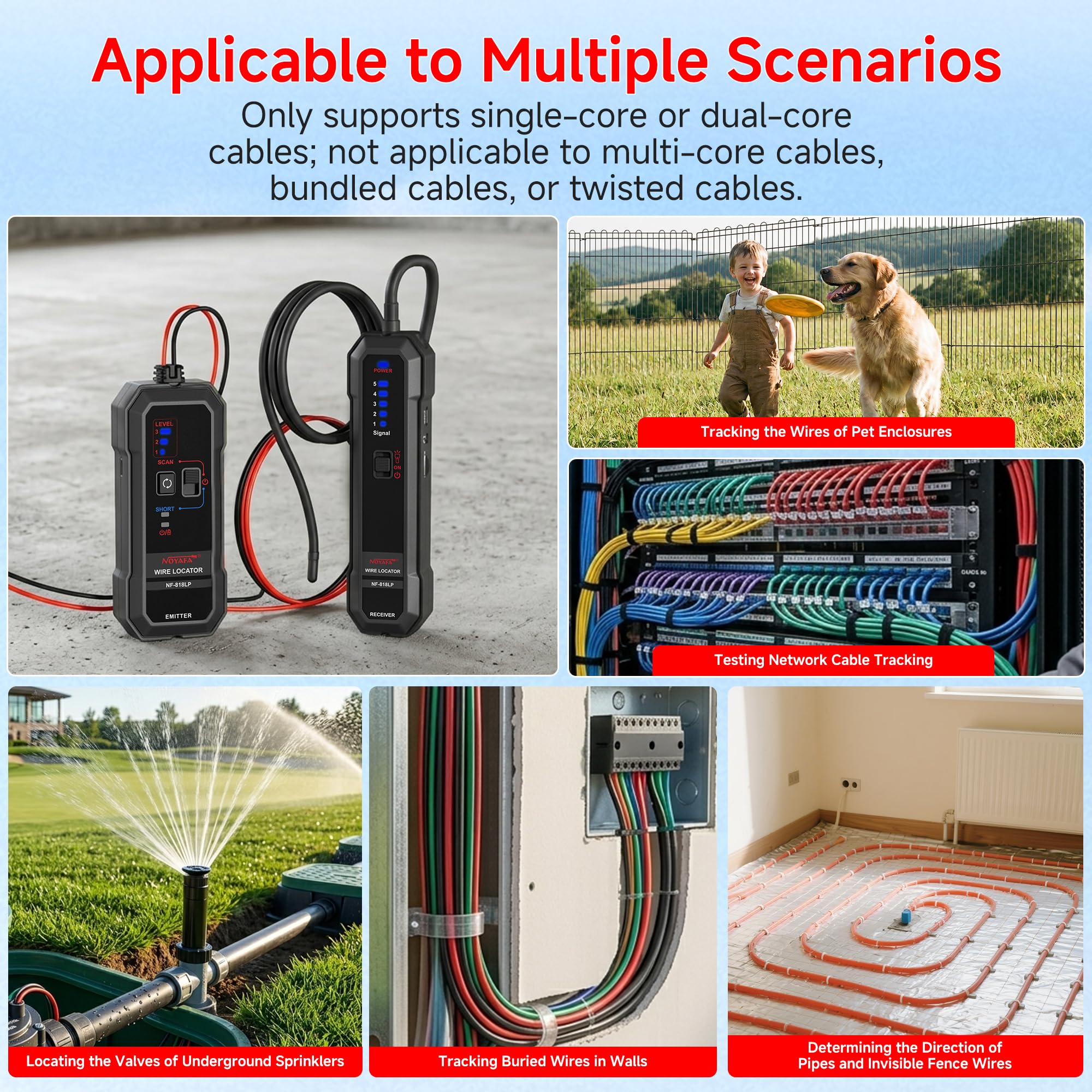 NOYAFA Localizador de cables subterráneos, localizador de cables subterráneos, trazador de cables para cercas invisibles para mascotas, trazador de circuito para cables eléctricos ocultos de pared