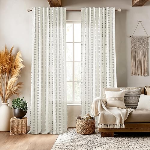 Cortinas de lino semitraslúcidas para sala de estar de 84 pulgadas de largo, cortinas bohemias de estilo bohemio para ventana de dormitorio, Crema y