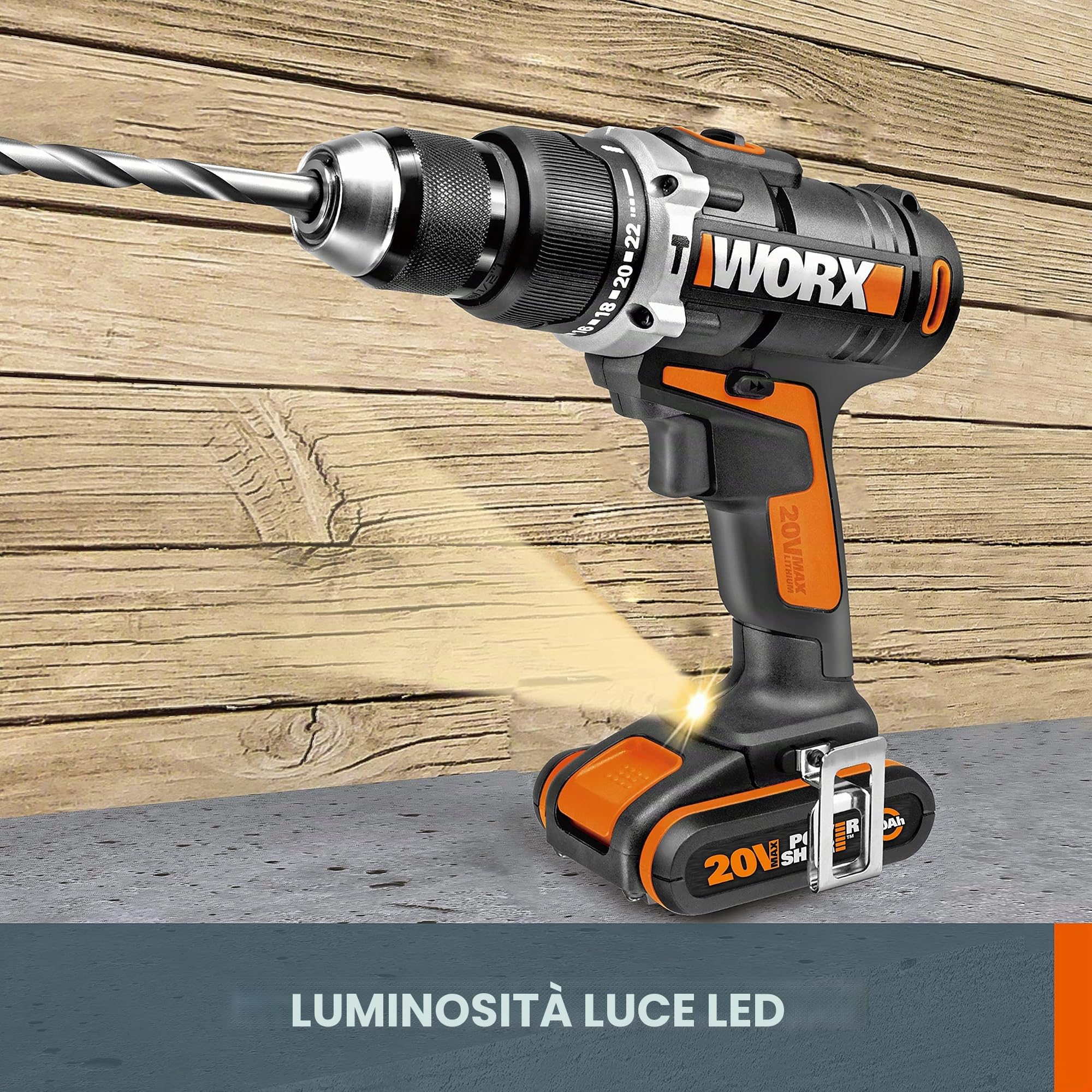 Worx WX372.9 Trapano Avvitatore con Percussione a Batteria 20V, 13 mm Mandrino a Sgancio Rapido, 1.800 giri/min, Stile Numero 28.800 bpm, Luce da Lavoro, 1 Pezzo - Solo Corpo Macchina