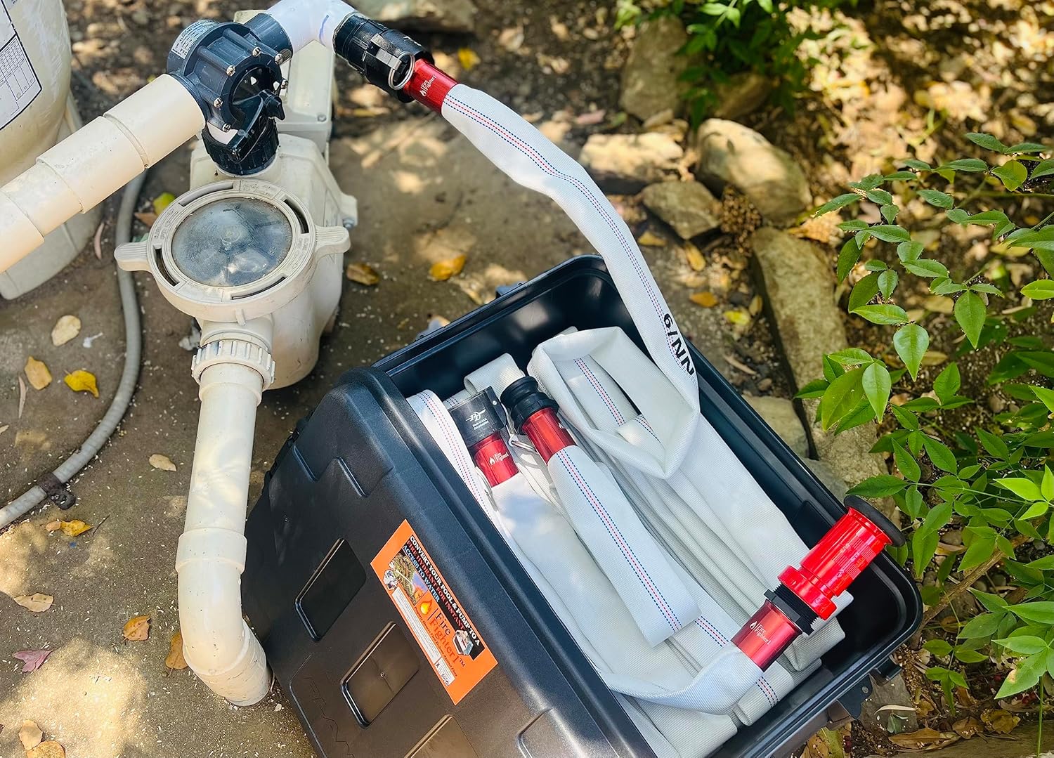 FireFighter1- Fire Hose for Pool Pumps Providing Instant Access to Pool Water During a Fire Emergency (100' (50' Hose w/ 50' Ext.) w/Installation Kit)