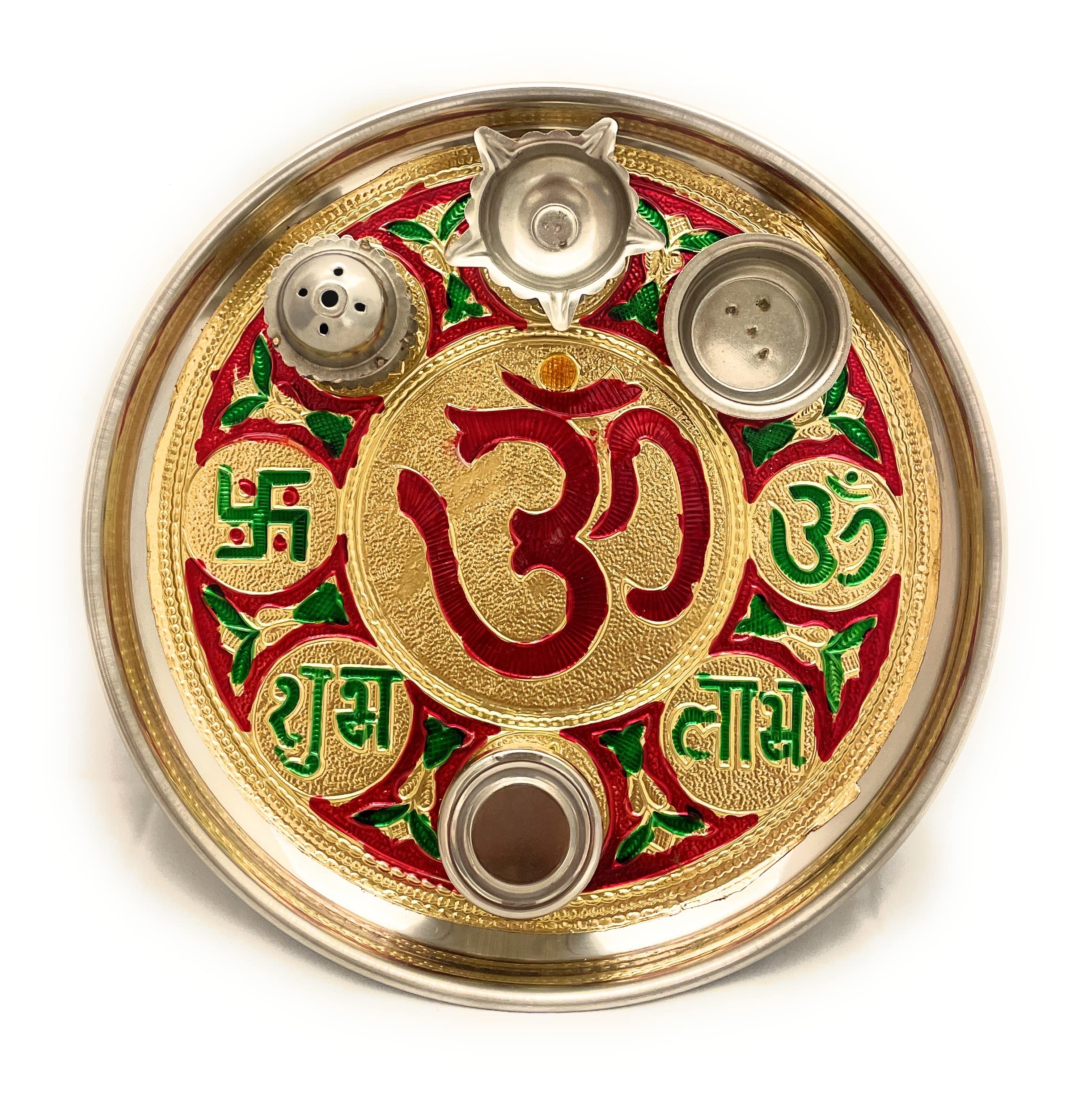 MOONCEE 8" Shubh Labh Pooja Thali Handmade Platter Engagement Plate Om Steel Puja Thali, 4 Essential Pooja Articles for Aarti Festival, Wedding, Gifting for Navratri, Diwali Home Décor (Red)