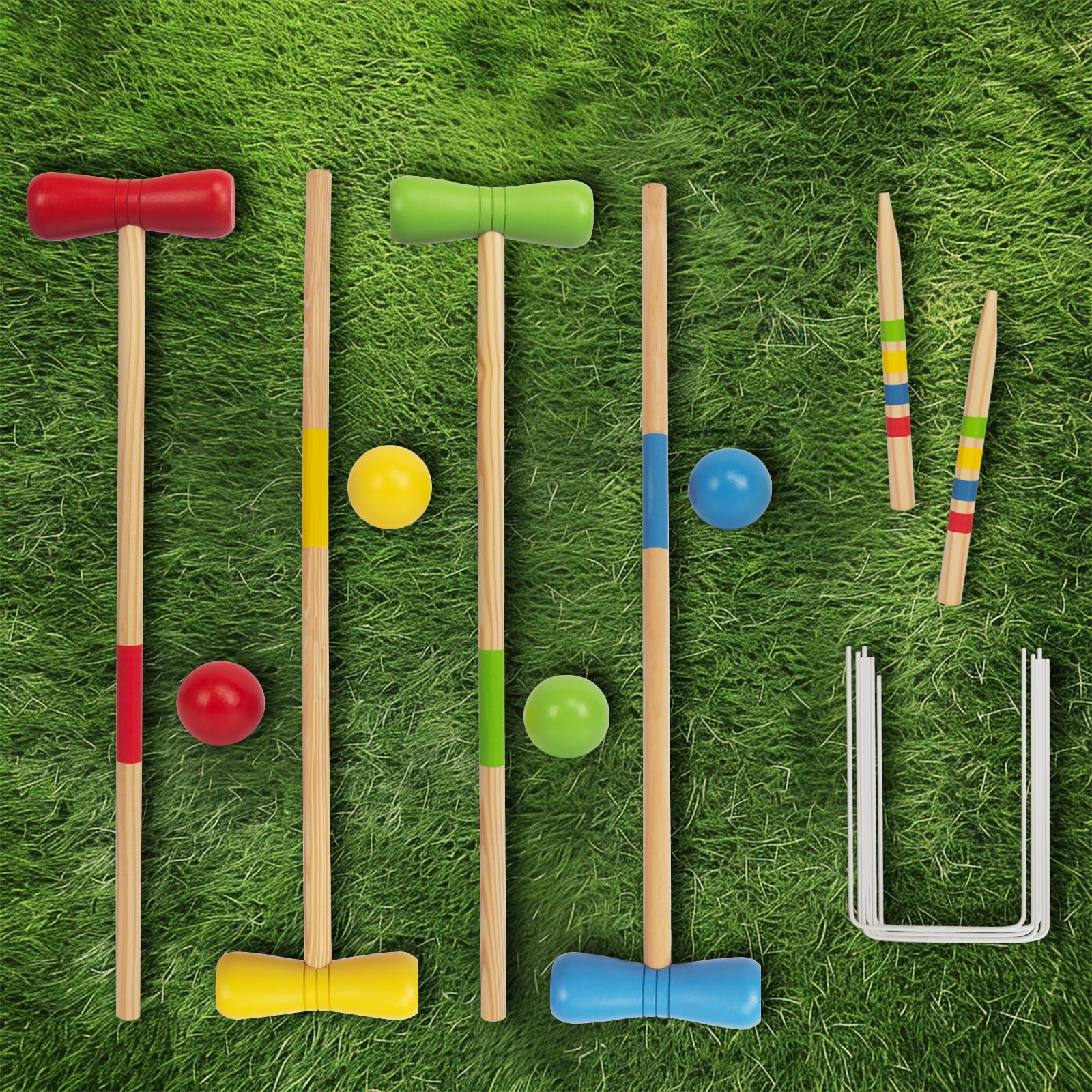 WOODENFUN Jeu de croquet en bois pour 4 joueurs, enfants, adultes, extérieur, jeu de croquet amusant pour garçons et filles à partir de 3 ans (diverses)