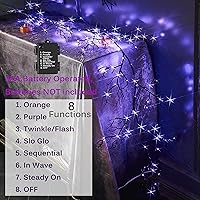 Vista 6 de Hairui - Guirnalda de Halloween con luces, 120 luces de hadas bicolor naranja y morado, 8 funciones, guirnalda negra iluminada de 6 pies, funciona