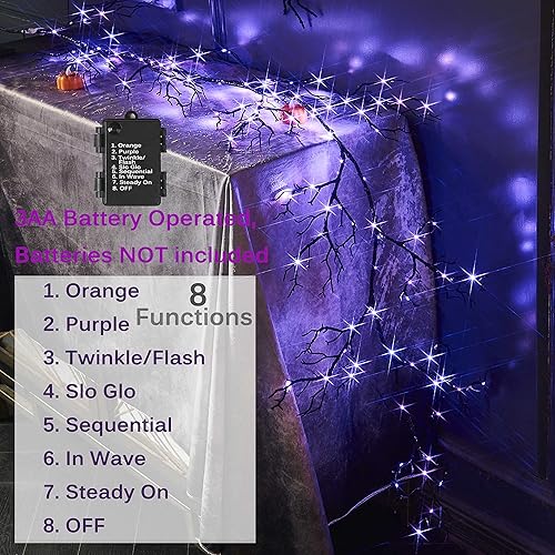 Miniatura 6 de Hairui Guirnalda de Halloween con luces, 120 luces de hadas bicolor naranja y morado, 8 funciones, guirnalda negra iluminada de 6 pies, funciona con