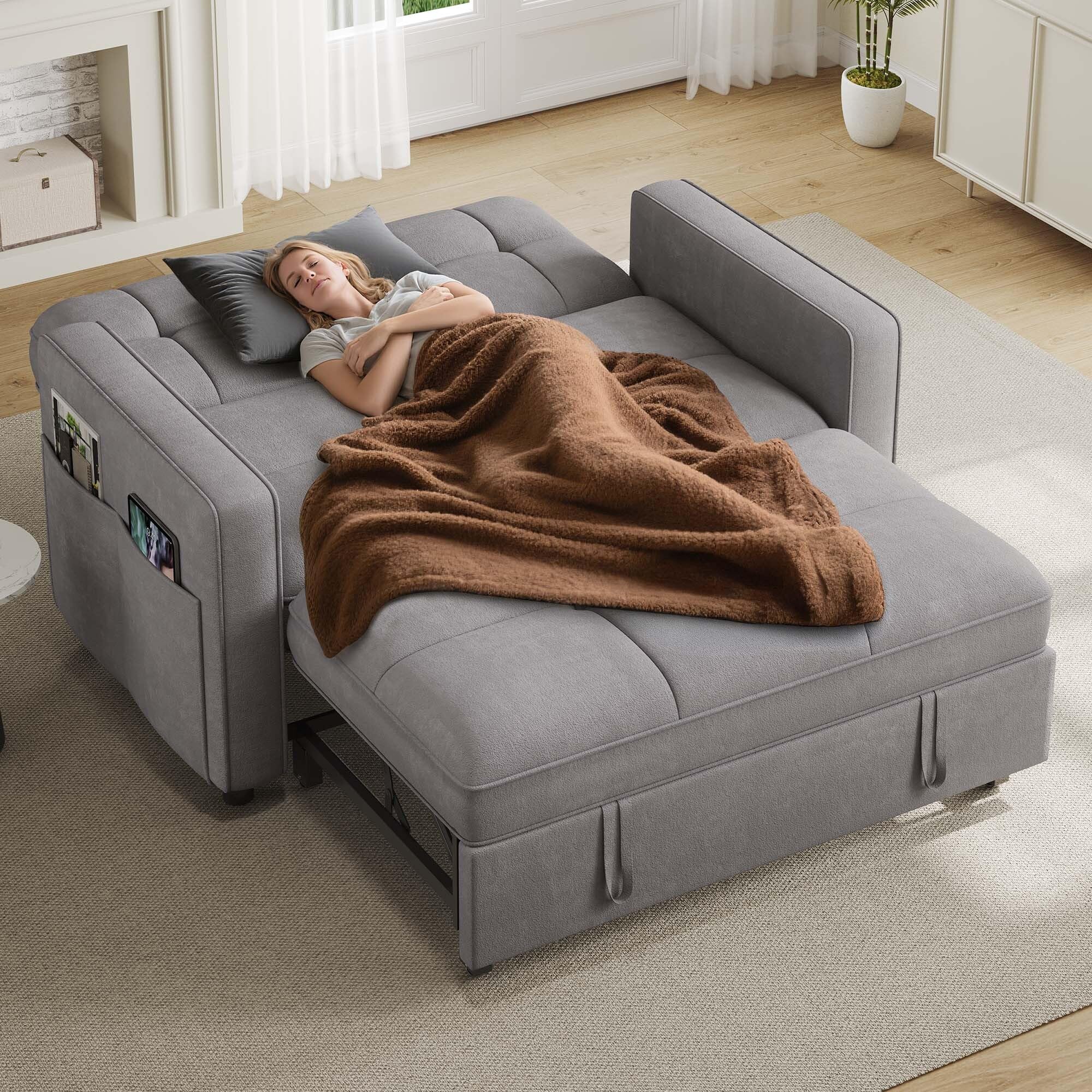 Photo 1 of DWVO 55" Convertible Sofa Bed, 3-in-1 Sleeper Sofa with Pull-Out Couch, Velvet Futon Couch with Adjustable Backrest and USB, Modern Loveseat for Living Room Apartment, Light Grey