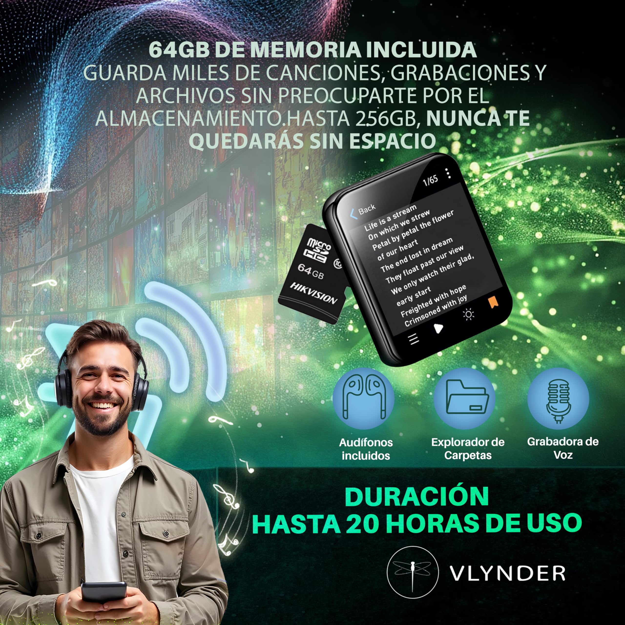 Reproductor MP3 con Bluetooth 5.4, 64GB | Mini HiFi-Music Player con Clip Deportivo | Premium | Pantalla Táctil 2,01 Pulgadas | Cámara 720P | Radio FM | Grabadora de Voz | Expansible 256gb