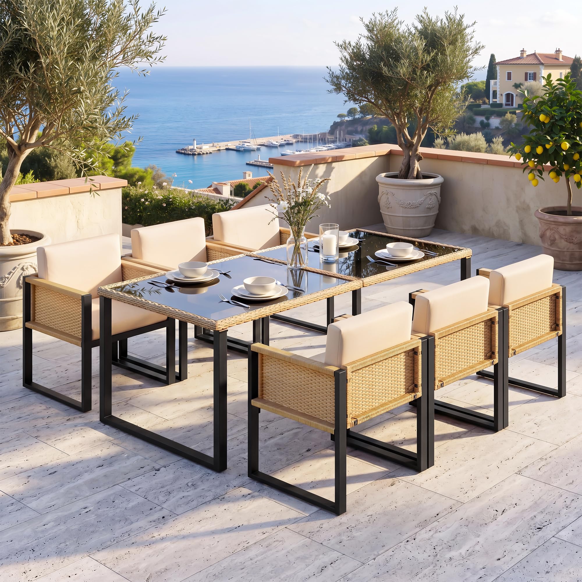 Table et Chaise de Jardin Exterieur 6 Personnes–Ensemble Repas avec Plateau Verre et Coussins Déhoussables–Structure Acier Anti-Rouille,Rotin Tressé – Idéal pour Terrasse et Jardin (Brown Noir)