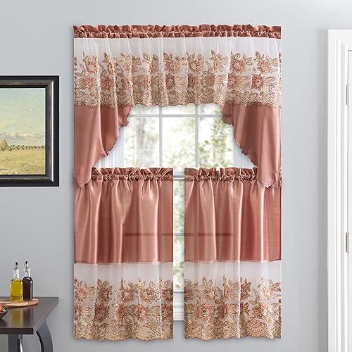 Vista 7 de American Linen Juego de 3 piezas de cortinas bordadas con lentejuelas para ventana – Cenefas y niveles – Cortinas para cocina, sala de estar o baño