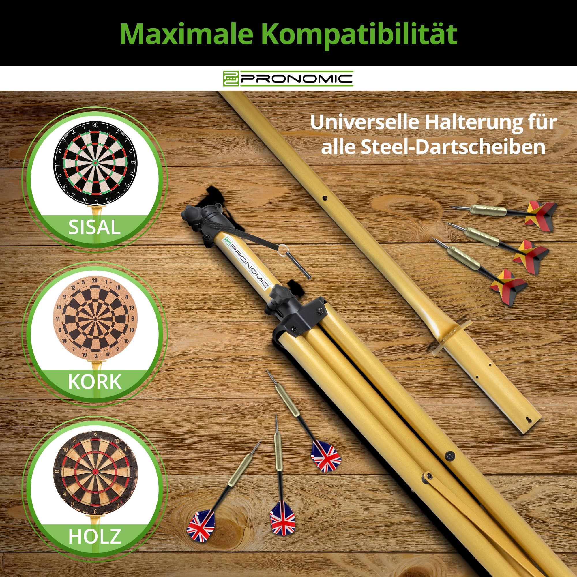 Pronomic DA-45S GD Support pour Cible de Fléchettes - Support Dartboard - Support Fléchettes en Acier Doré - Hauteur Réglable sans Palier - Or