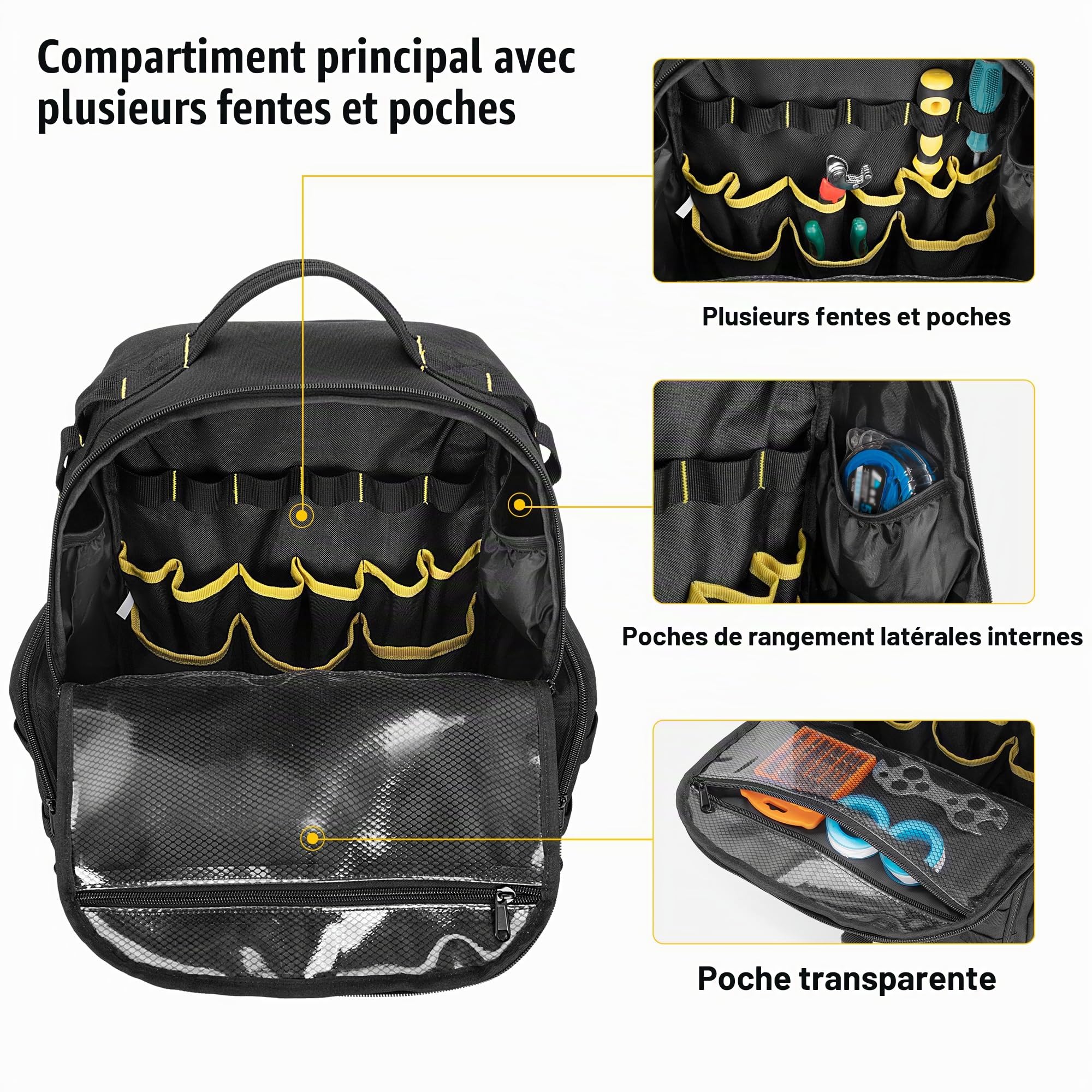 Rexmica Sac à Dos à Outils pour Homme avec 3 Petites Poches à Outils, Noir | Sac de Rangement d'Outils, Tactique, pour Électriciens, Artisans