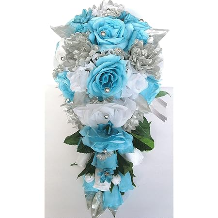 Amazon Com Wedding Bouquet 17 Piece Package Bridal Bouquet Set Aqua Blue Silver Malibu Turquoise Wedding Silk Flowers Wedding Bouquets Rosesanddreams Cascade Bouquet Bridesmaid Bouquet Home Kitchen