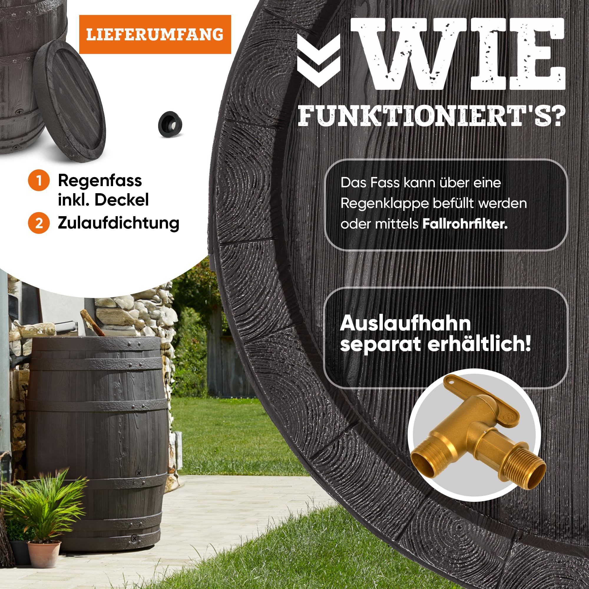 GARANTIA BARRICA Regentonne 420 Liter braun rustikale Holzfassoptik | mit abnehmbarem Deckel UV-beständiger Recycling-Kunststoff für den Garten integrierte Gewindeanschlüsse zur Wasserentnahme