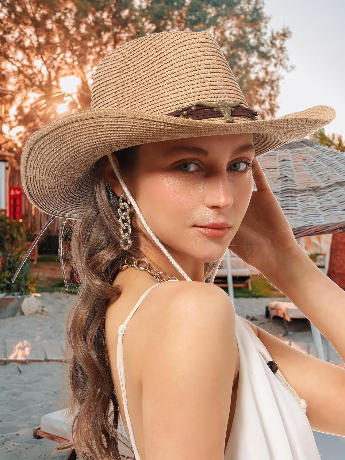 Cowboy Sun Hats for Women Men Straw Crochet Western Cowgirl Hat with Detachable Chin Strap Beach Cap(Khaki)
