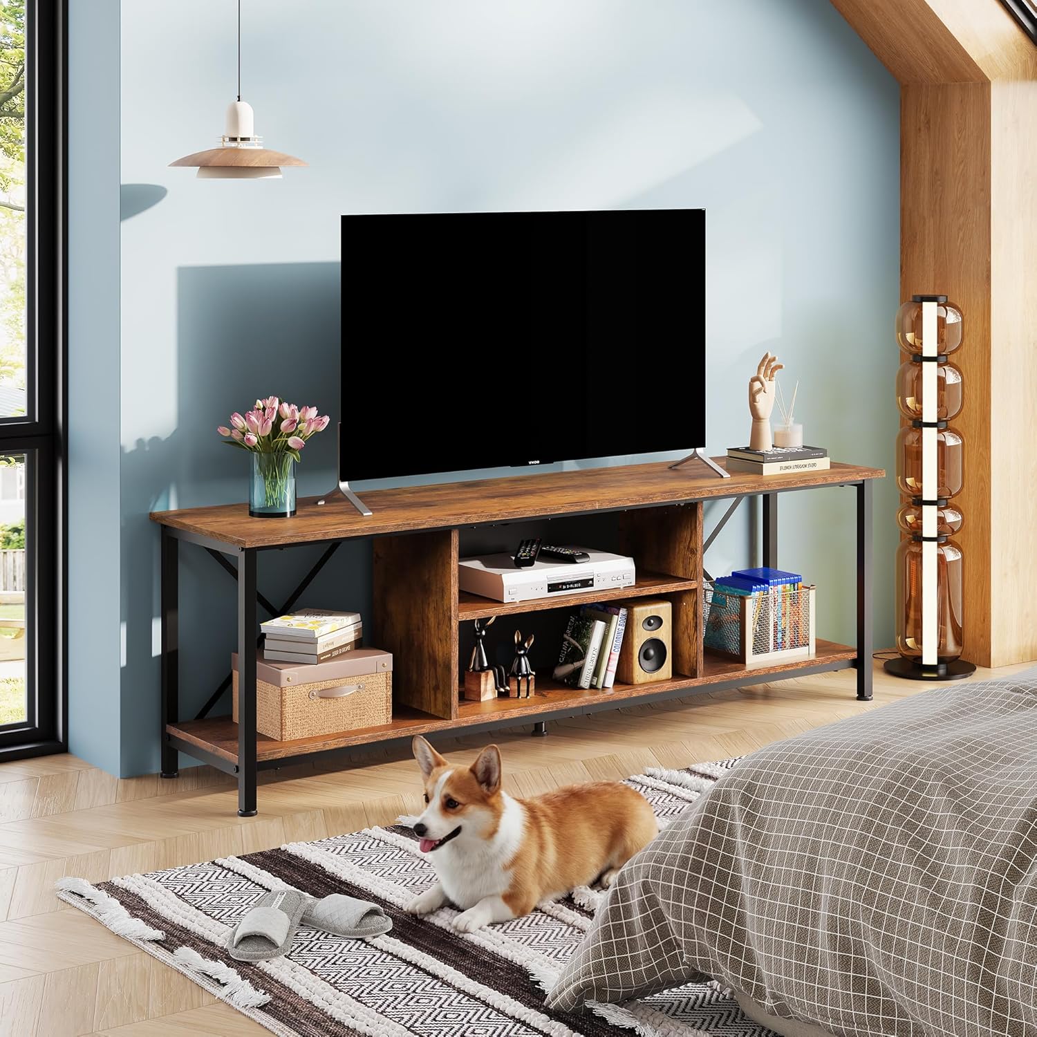 WLIVE Industrial TV Stand for Up to 70 inch TV, Heavy-Duty Metal Frame Entertainment Center with Adjustable Shelves & Cable Management, Large Media Console for Living Room, Rustic Brown