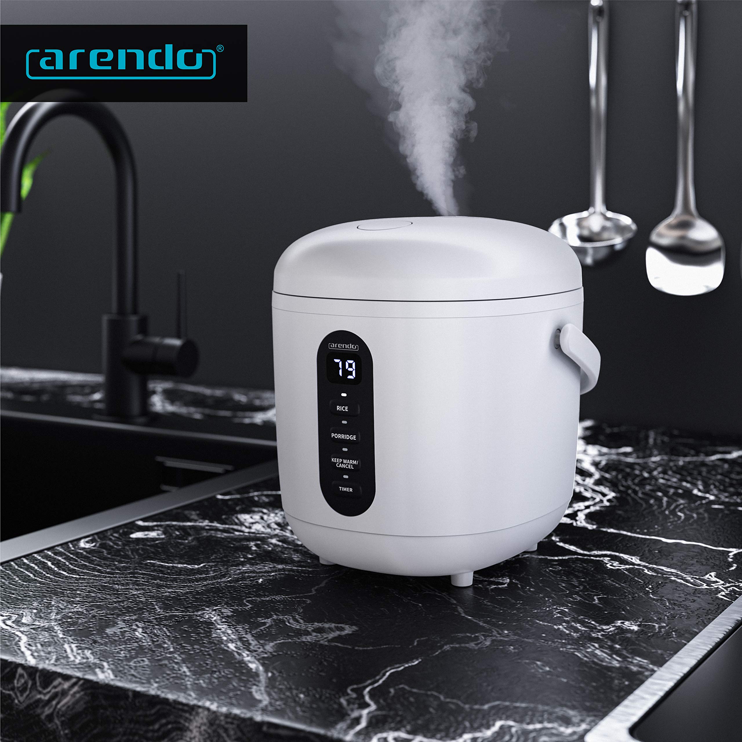 Arendo - Reiskocher - 300 Watt - mit Messbecher und Reislöffel – 2 Kochprogramme – Timer – Warmhaltefunktion – LED-Anzeige – beidseitig beschichtet - spülmaschinen geeignet – mini klein 0,8L - weiß