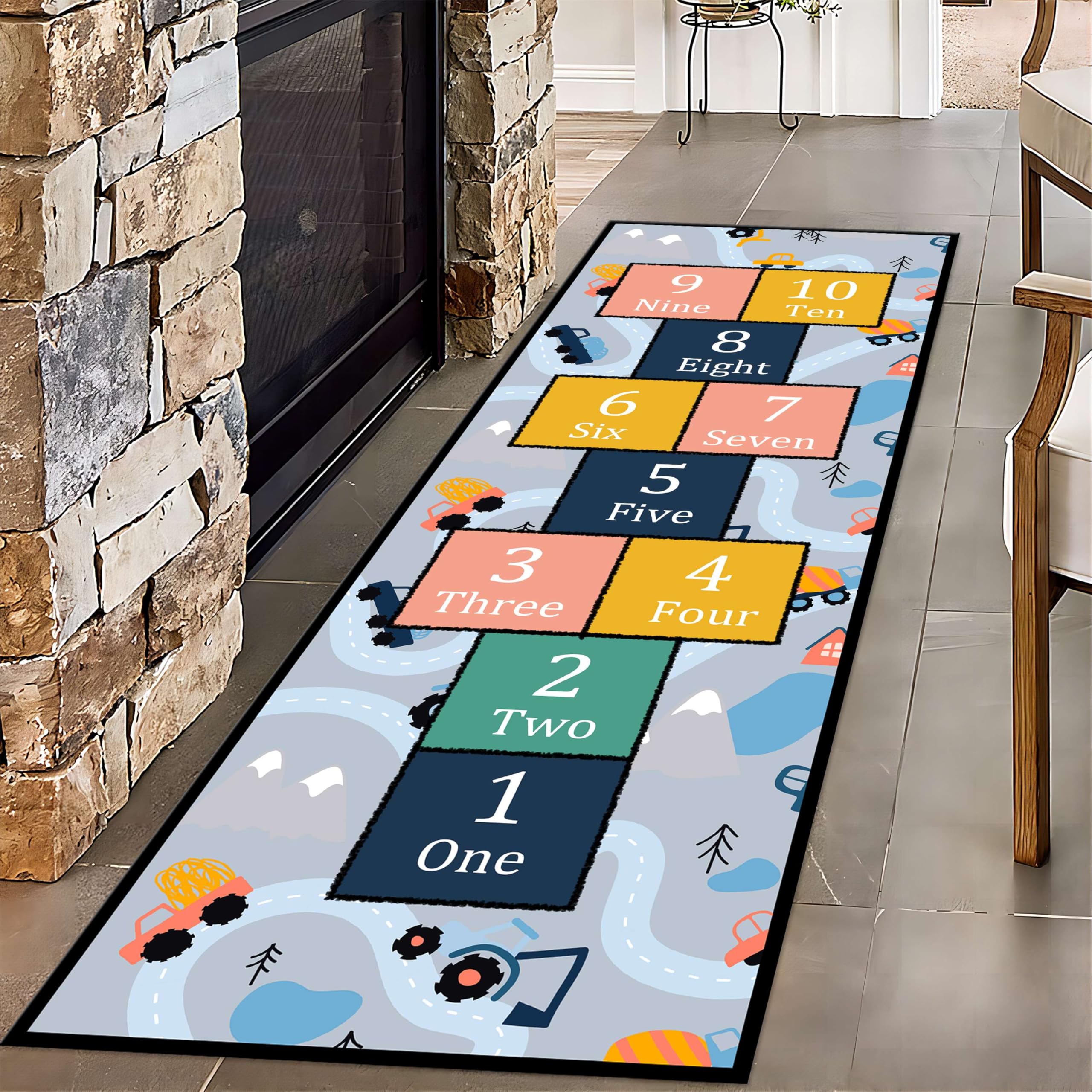 Hopscotch Game Long Hallway Rug Runners, 2x6ft, Cartoon City Car Road Bedroom Carpet, Shed Resistant Low Pile Carpets, Machine Washable Soft Non Slip