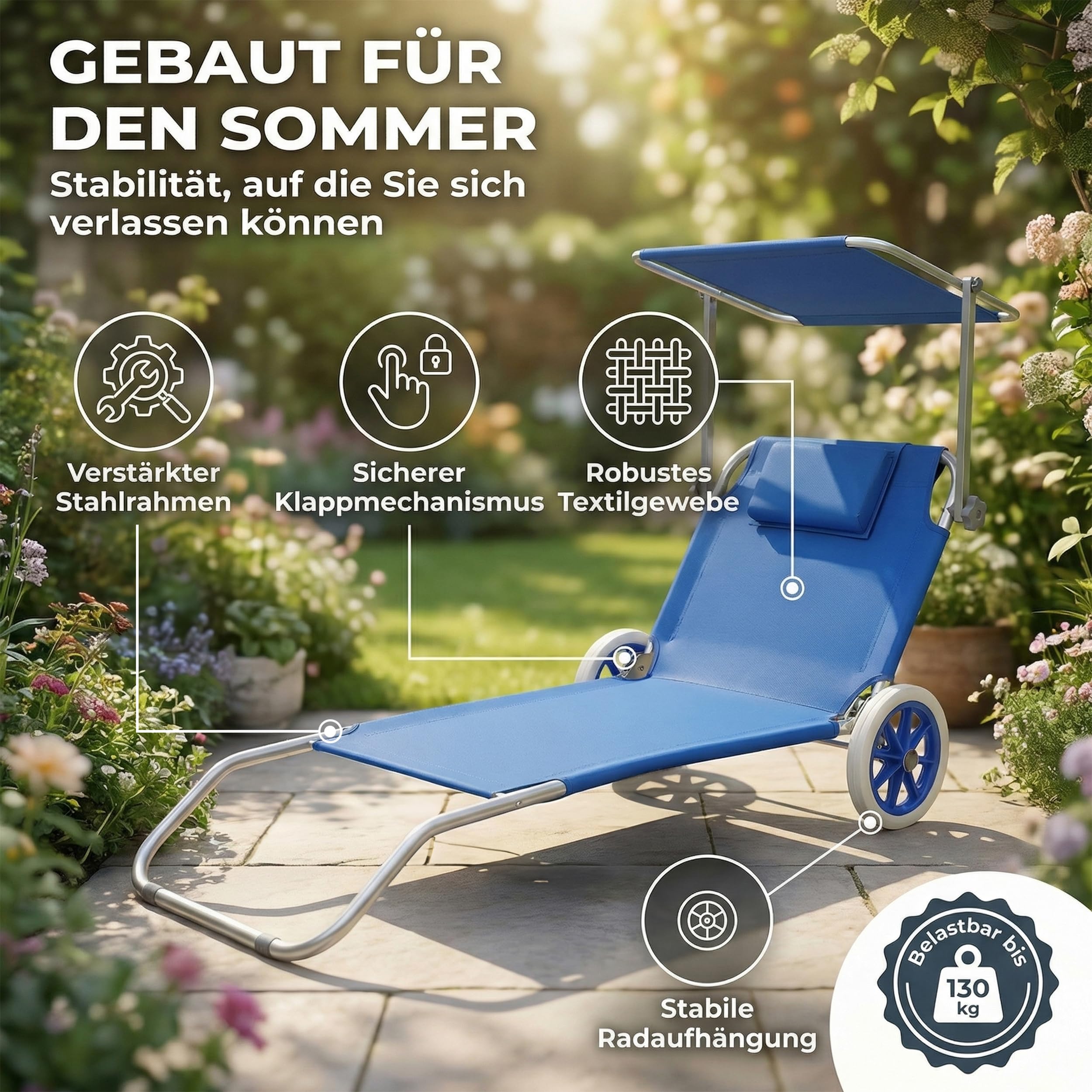 VCM Sonnenliege klappbar | Maße ca. L. 165 x H. 16 x B. 65 cm | Gartenliege mit Rollen | leicht und kompakt | Liegestuhl mit Sonnendach
