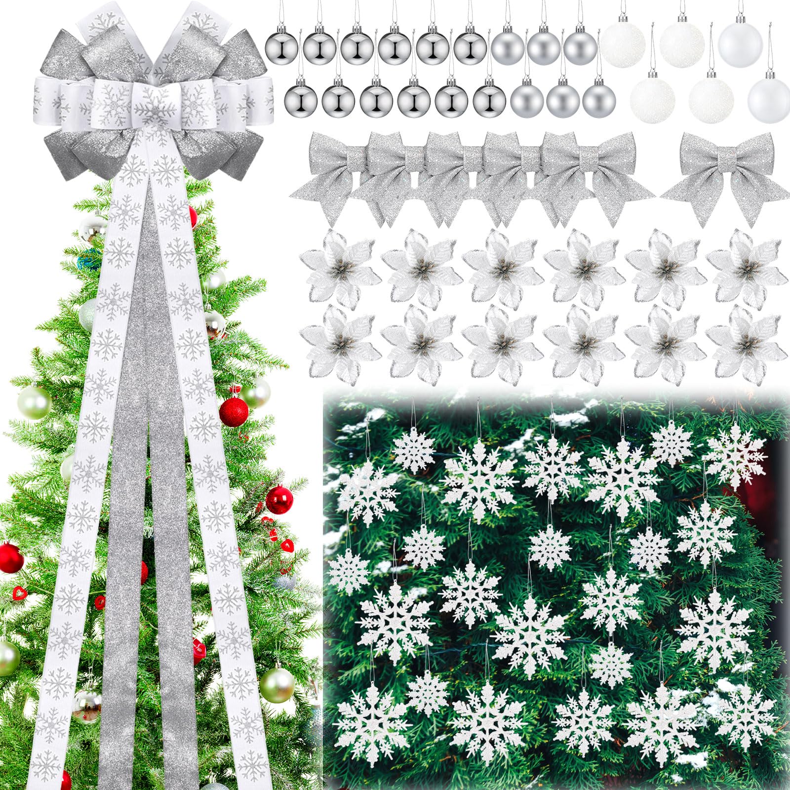 Poen 67 Pcs White Christmas Tree Topper Decorations Set 9.8ft Large Bow Glitter Christmas Tree Topper Christmas Ball Snowflakes Ornaments Silver Bows Knots Glitter Poinsettia Flowers