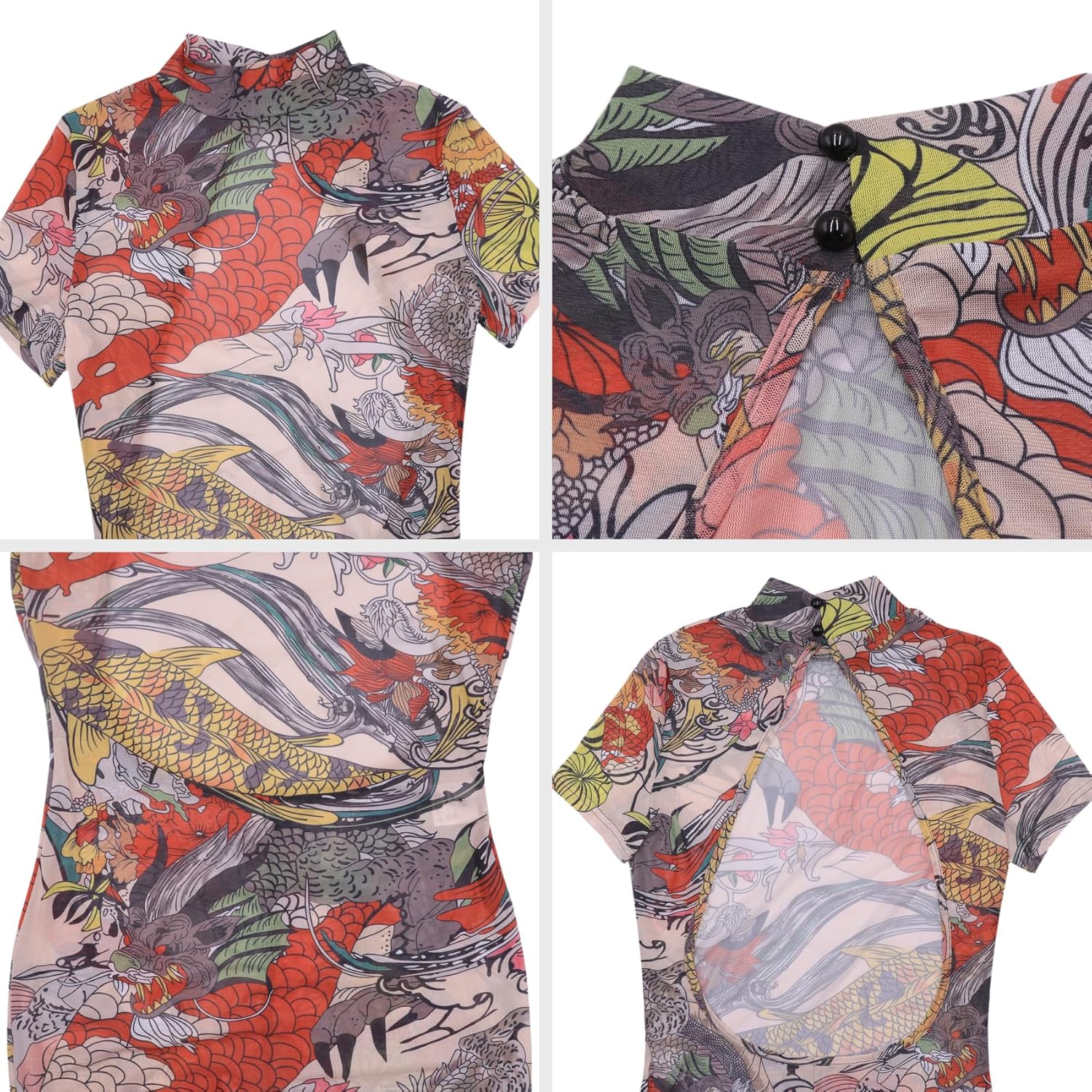 RARITYUS Women's Sheer Mesh Dragon Print Jumpsuit Sexy See Through Backless Short Sleeve Bodycon Jumpsuit Party Clubwear - Image 5