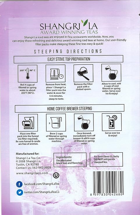 Shangri-La Tea Company Iced Tea Bags, Tropical Passion Decaf, Unsweetened and All Natural, Brews 2 Quarts Per Tea Bag, (6 Count) (5057)