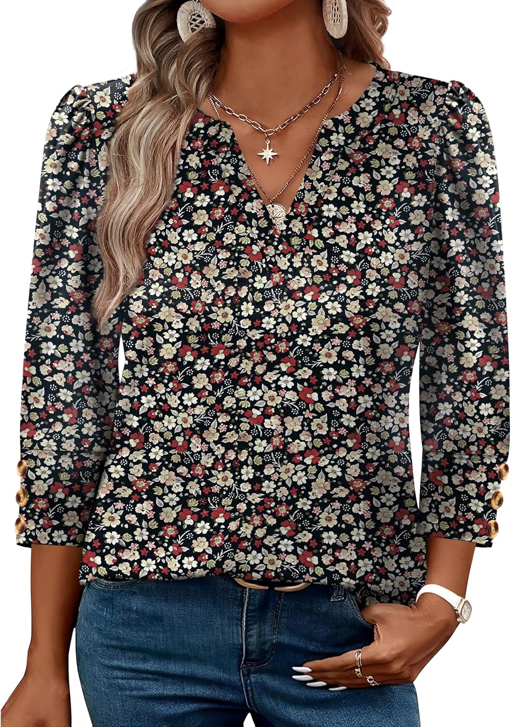 WIHOLL 3/4 Length Sleeve Womens Tops with Button Cuffs Dressy Casual V Neck Summer Outfits Early Fall Fashion Spring Clothes thumbnail