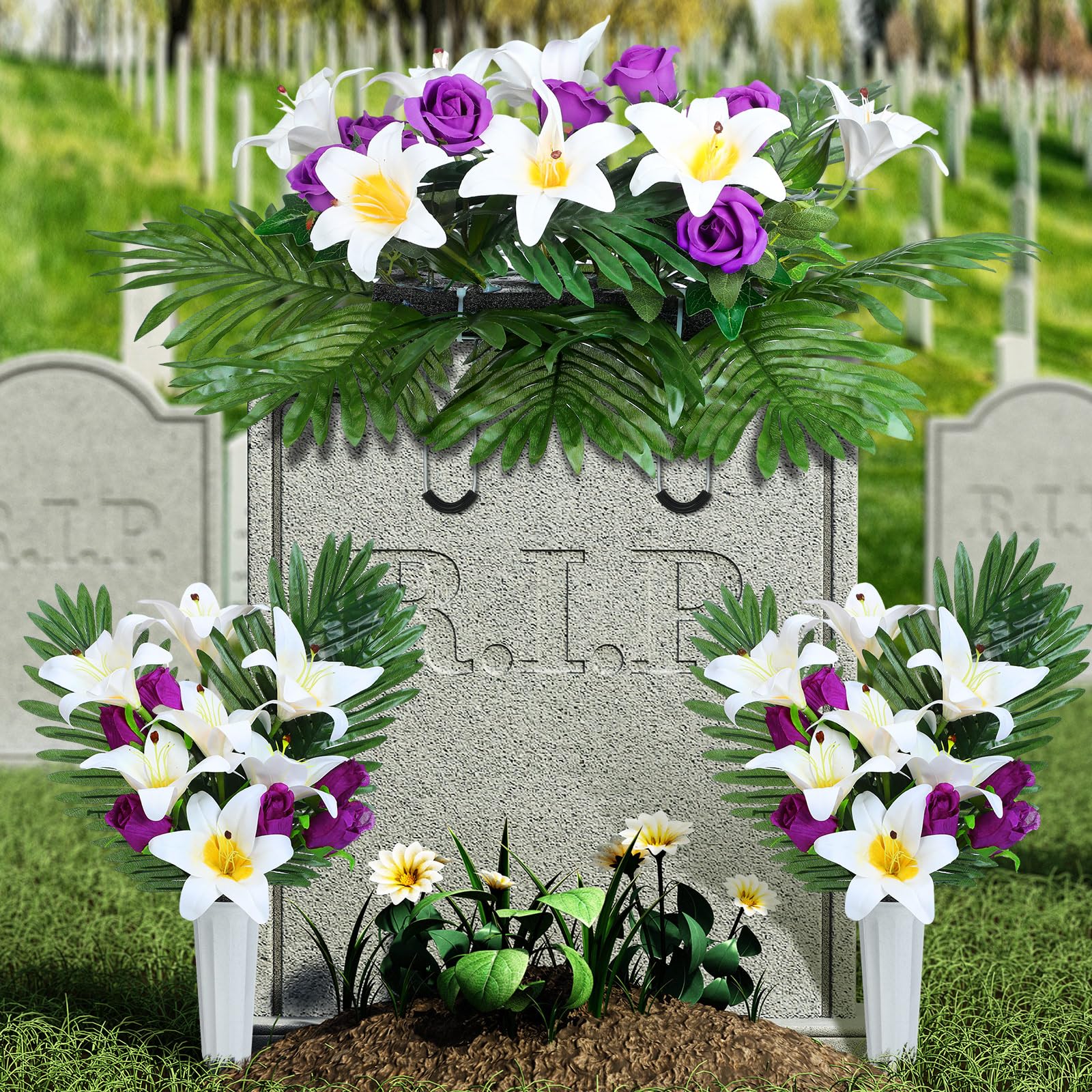 Hperu Fiori tomba per il cimitero, 2 fasci di fiori artificiali per tombe 17.3 '' fiode tomba 12 teste Fiori del cimitero rosa e giglio commemorativi fiori di seta, viola