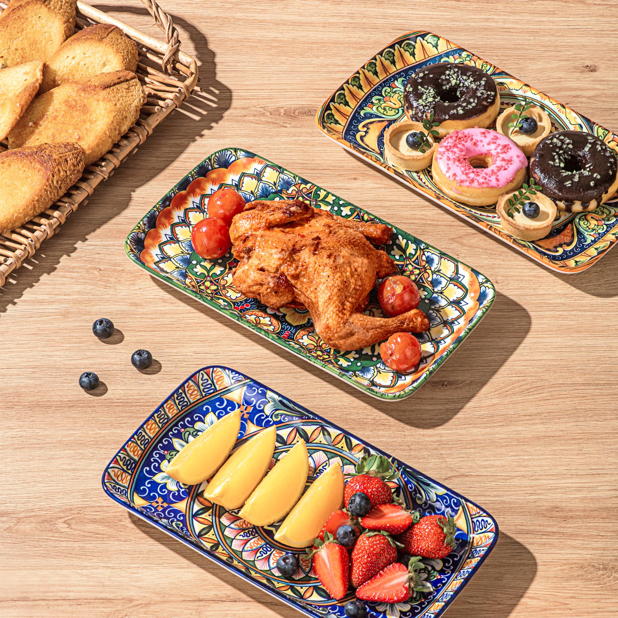 Platos Rectangular, Bandeja para Servir 6 Unidades - 25,5 cm, Platos para Aperitivos, Sushi, Frutas, Ensaladas, Microondas, Horno y Lavavajillas - Multicolor