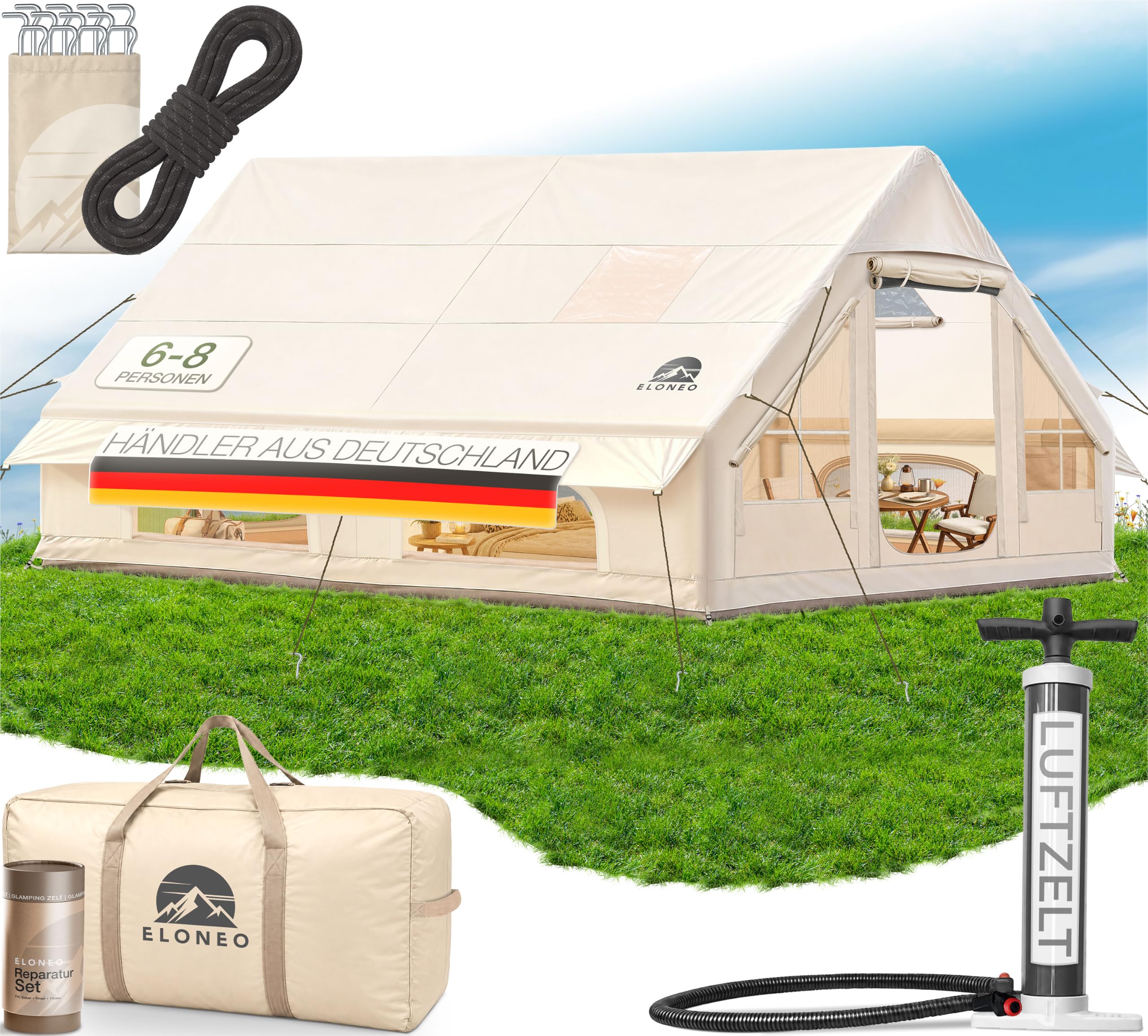 ELONEO aufblasbares Zelt für 2/4/6/8 Personen mit Dachfenster & Luftpumpe, Premium Glamping Zelt wasserdicht, Luftzelt, Inflatable Tent, Camping Zelt