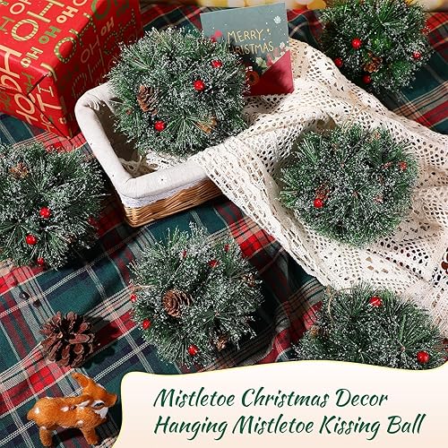 Miniatura 2 de Glitinsel 6 bolas de besos de muérdago de Navidad de 5 pulgadas, muérdago colgante de Navidad, bolas de besos con bayas rojas de pino para