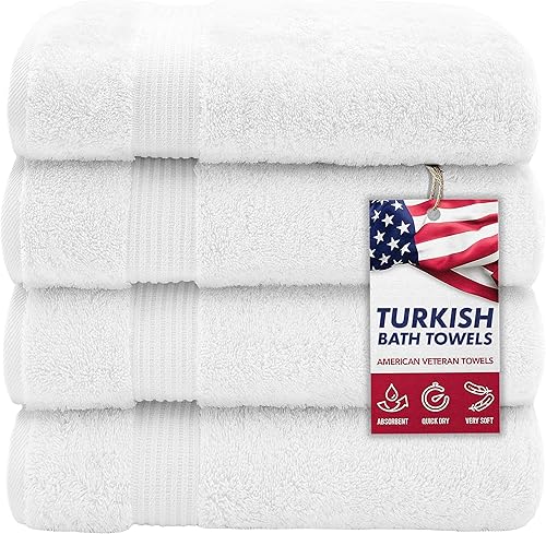 Miniatura 25 de American Veteran Towel, Paquete de 4 toallas de baño turcas 100% algodón para baño, 27 x 54 pulgadas, extra grandes, de secado suave, color beige